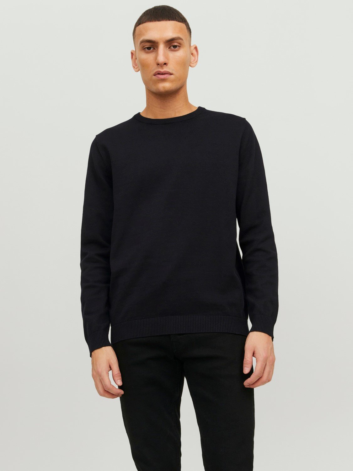 JACK & JONES Basic knit crew neck slim fit, heren pullover katoen met O-hals, zwart