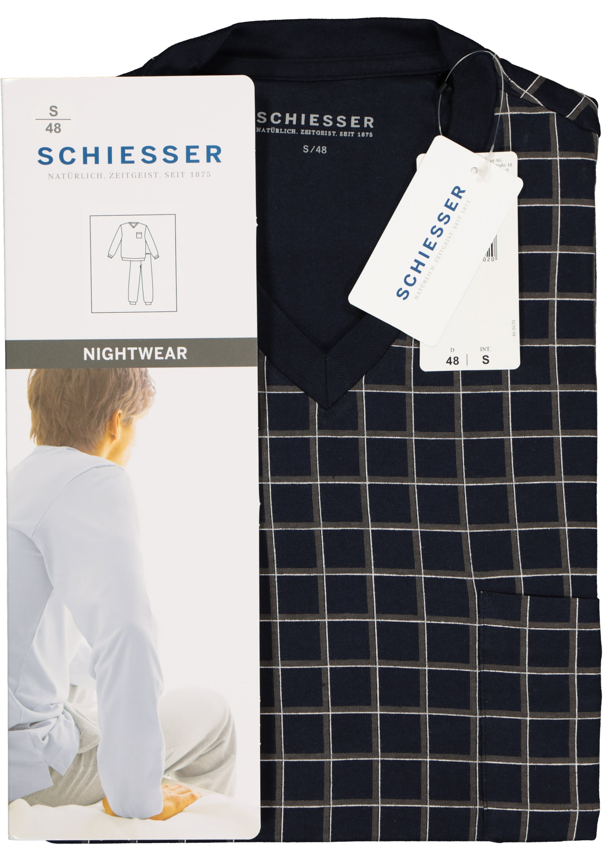 SCHIESSER heren pyjama, V-hals, blauw met wit geruit