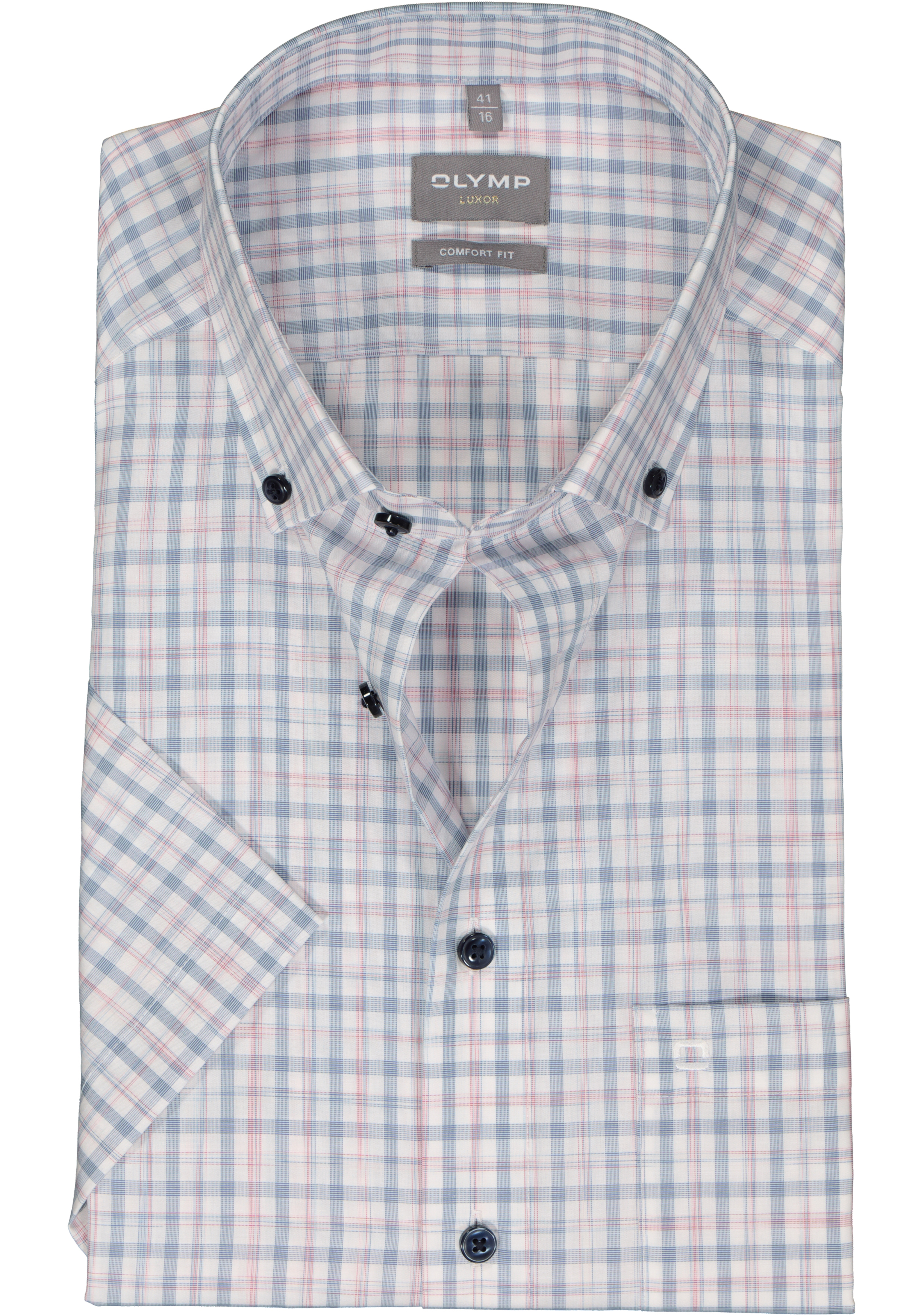 OLYMP comfort fit overhemd, korte mouw, popeline, wit met lichtblauw en roze geruit