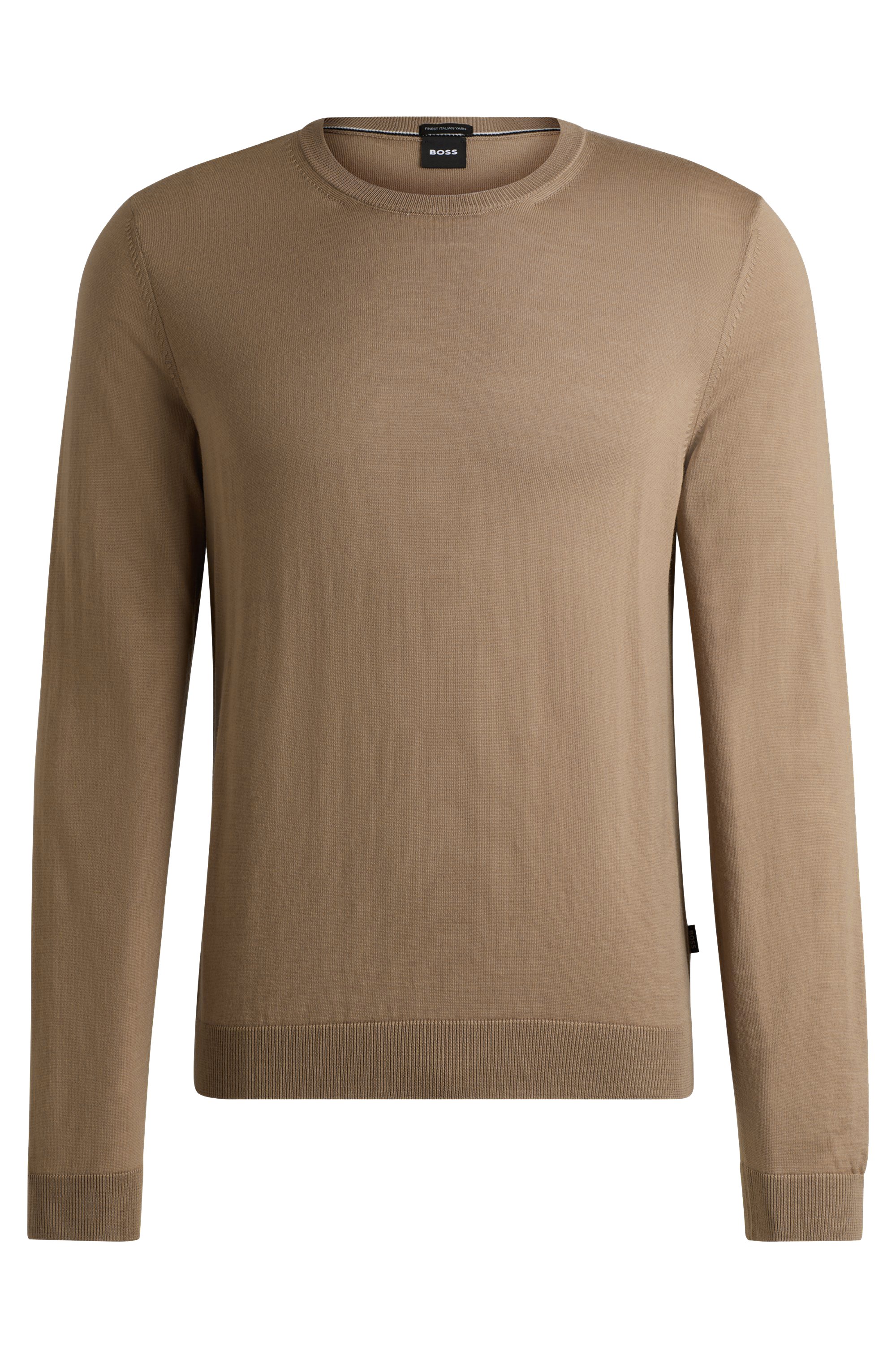 BOSS Leno slim fit trui wol, heren pullover middeldik O-hals, beige