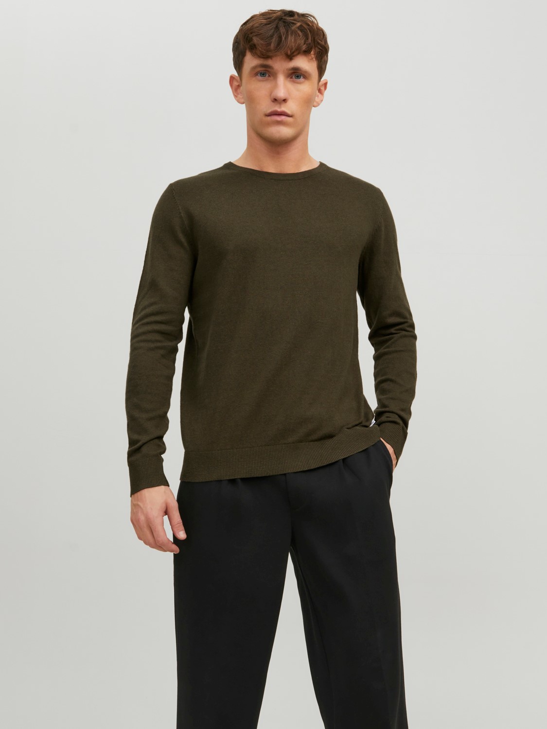 JACK & JONES Emil knit crew neck slim fit, heren pullover viscosemengsel met O-hals, groen melange