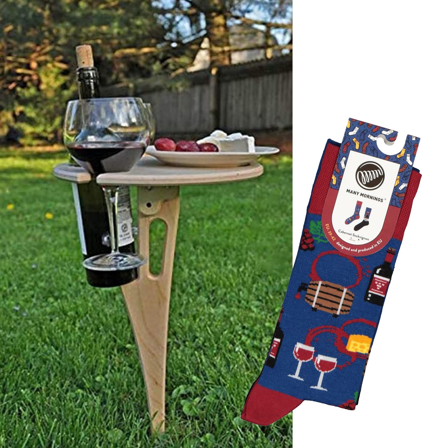 Draagbare wijntafel cadeauset, wijntafel en Many Mornings Cabernet Sockvignon sokken