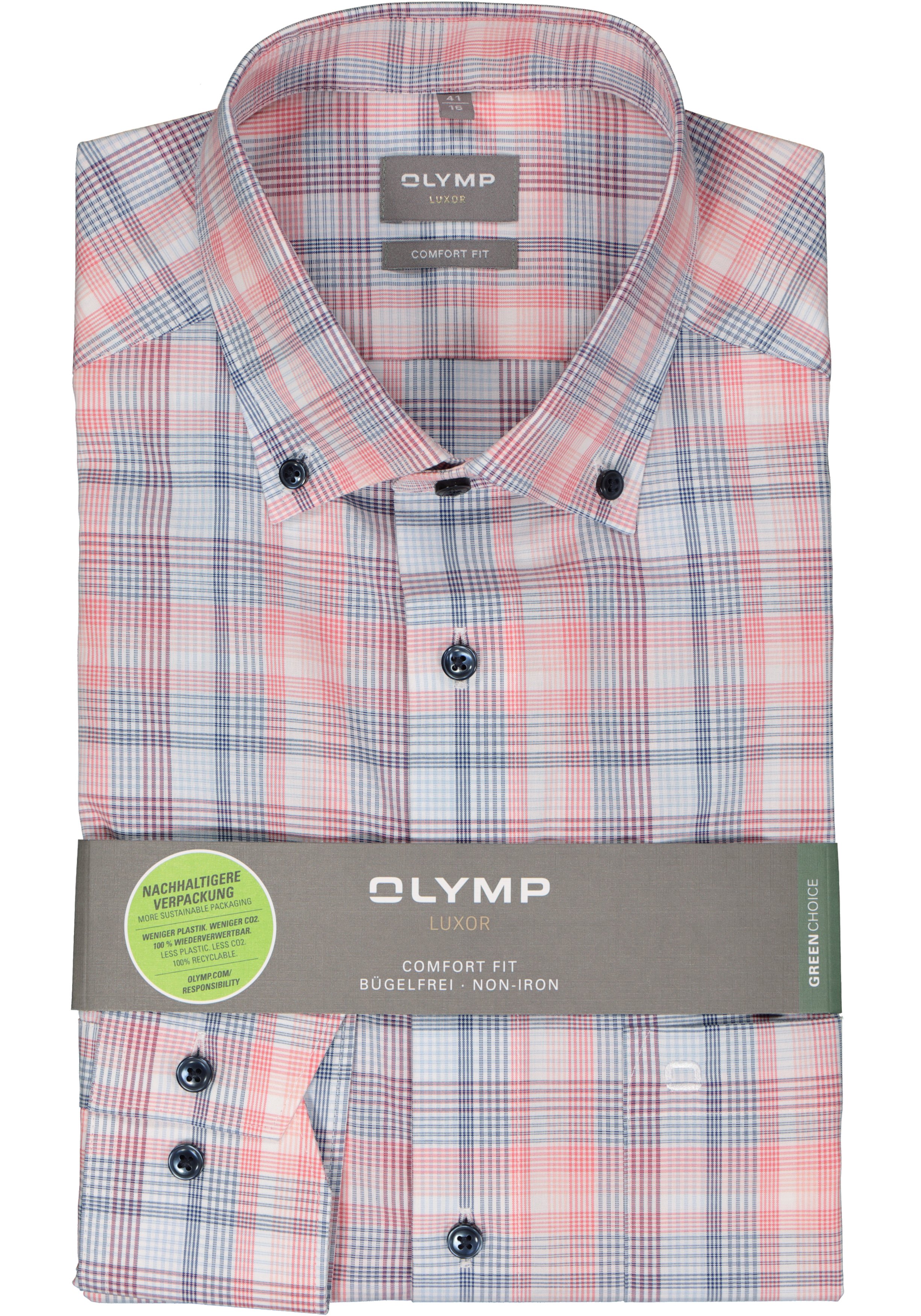 OLYMP comfort fit overhemd, popeline, wit met rood en blauw geruit