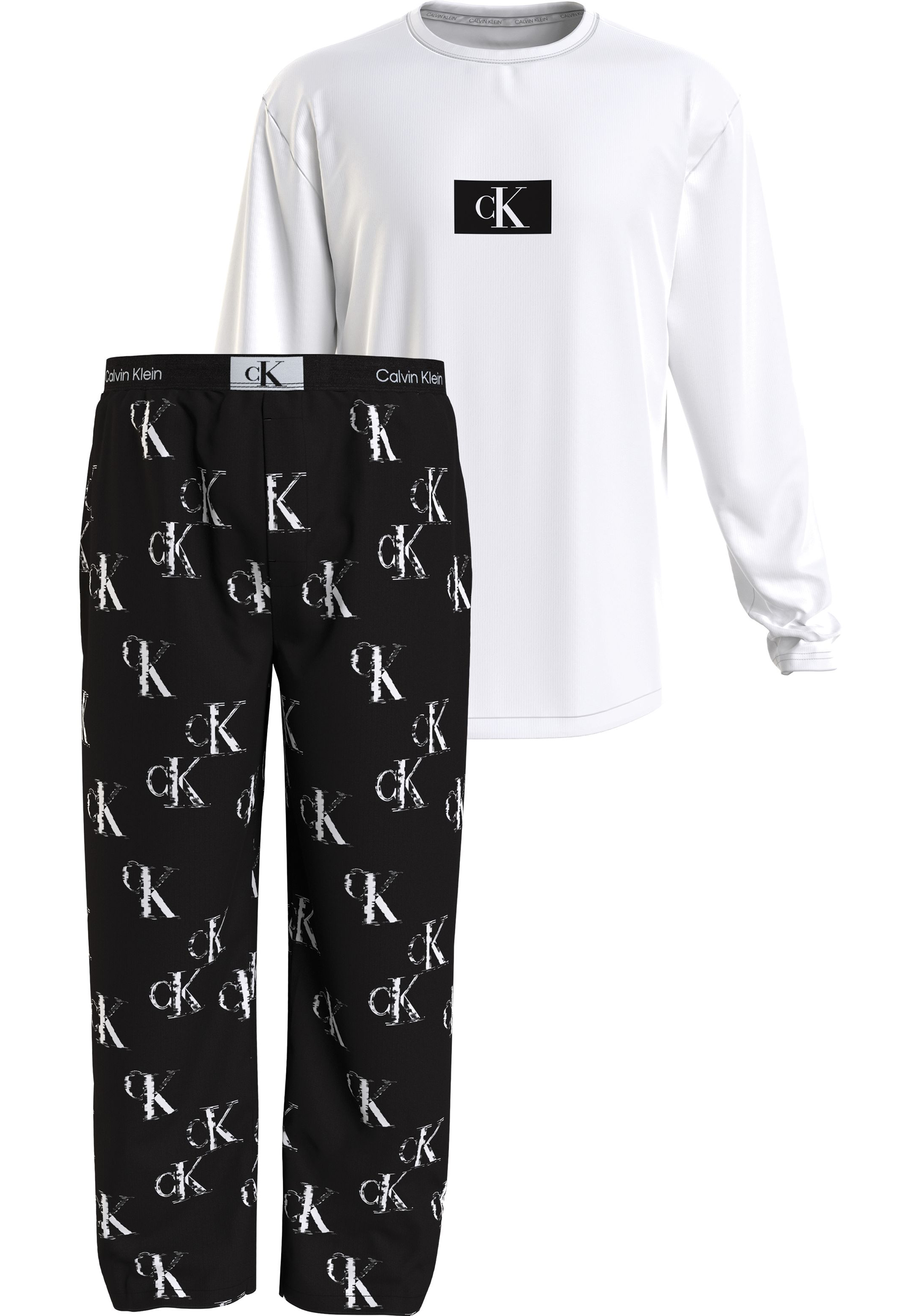 Calvin Klein heren pyjama O-hals, wit shirt, logo print broek zwart met wit