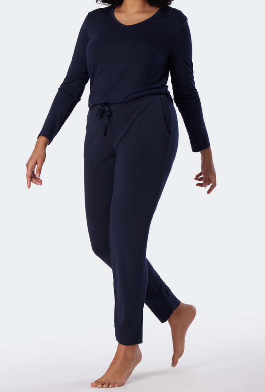 SCHIESSER Mix+Relax loungebroek lang, dames loungebroek lang modal boordjes blauw