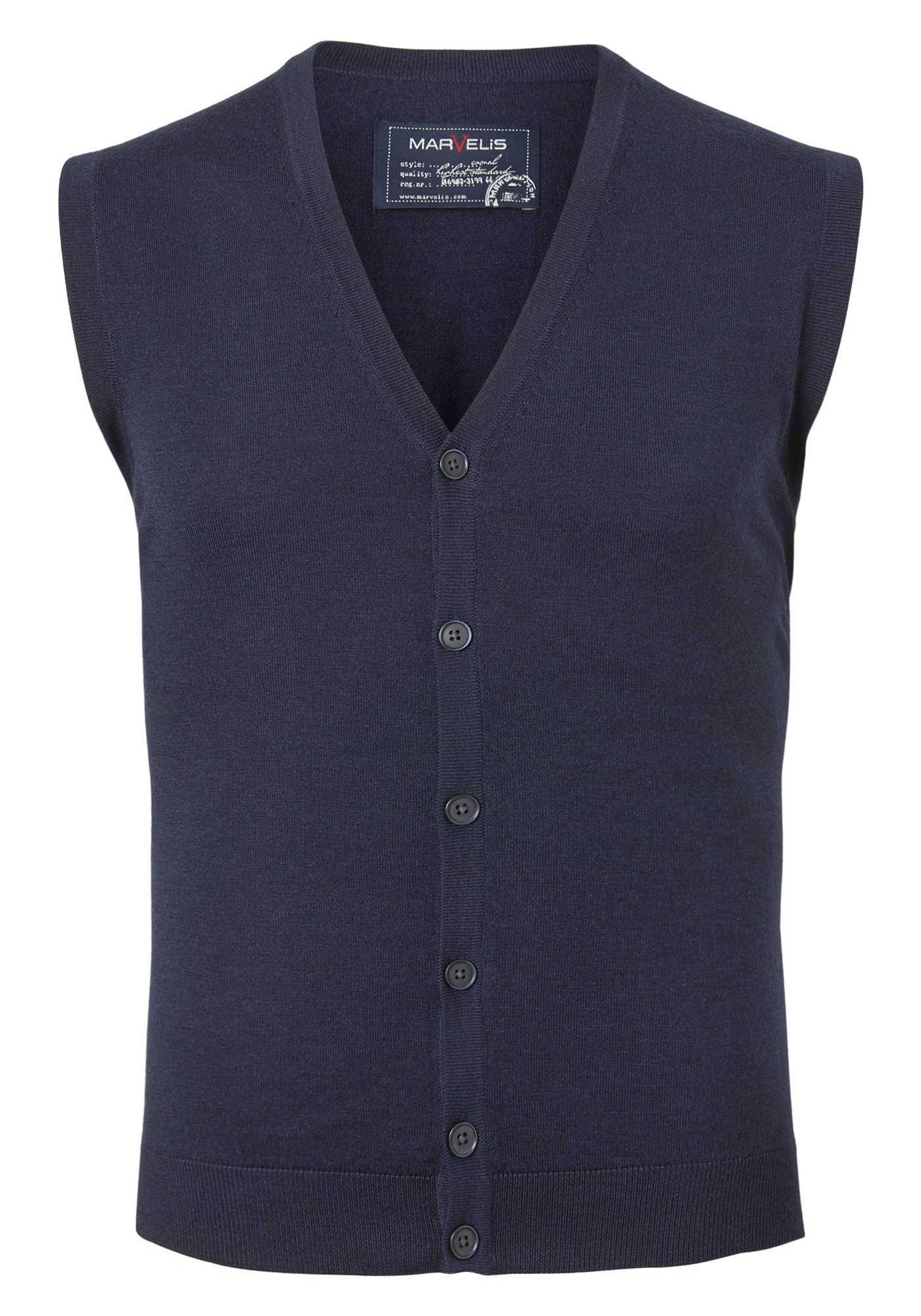 MARVELIS heren vest mouwloos, wol, V-hals, donkerblauw