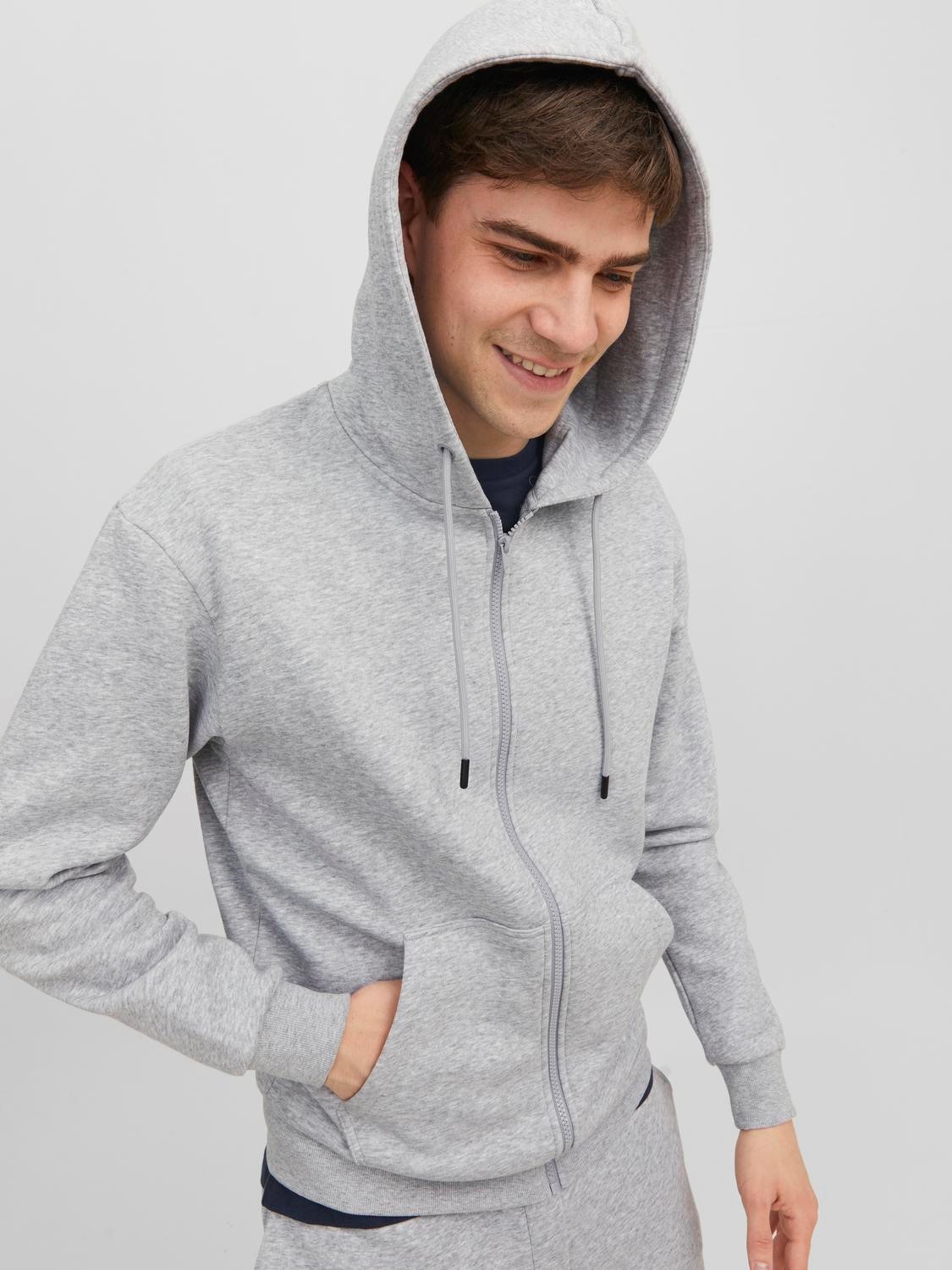 JACK & JONES Bradley sweat zip hood regular fit, heren sweatvest katoenmengsel met capuchon, lichtgrijs melange