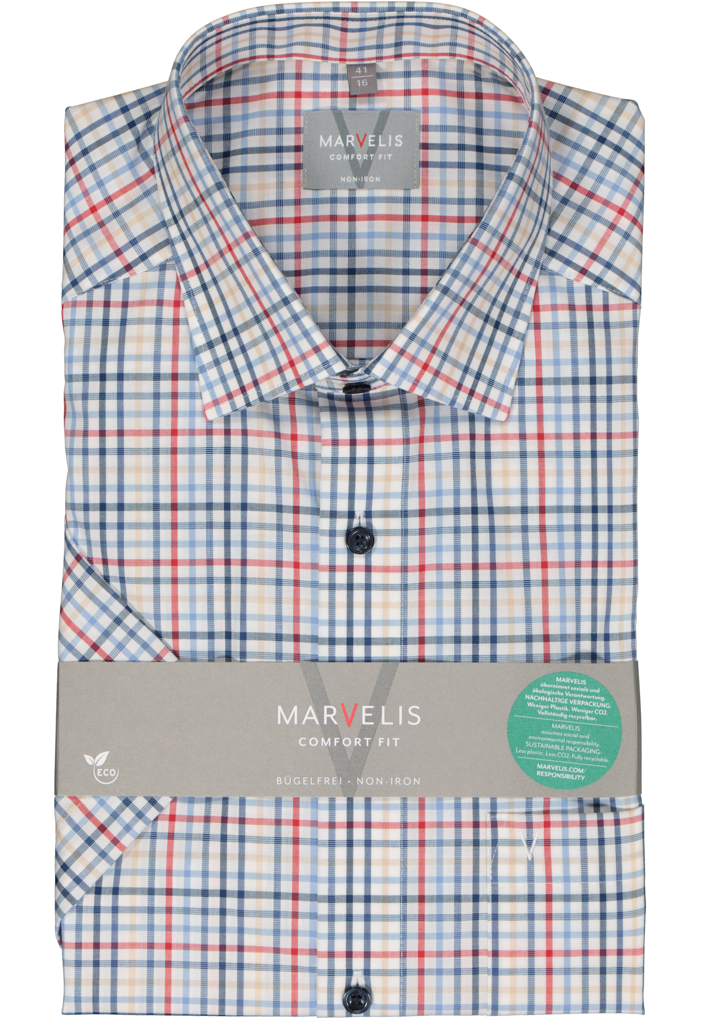 MARVELIS comfort fit overhemd, korte mouw, popeline, wit met blauw, geel en rood geruit