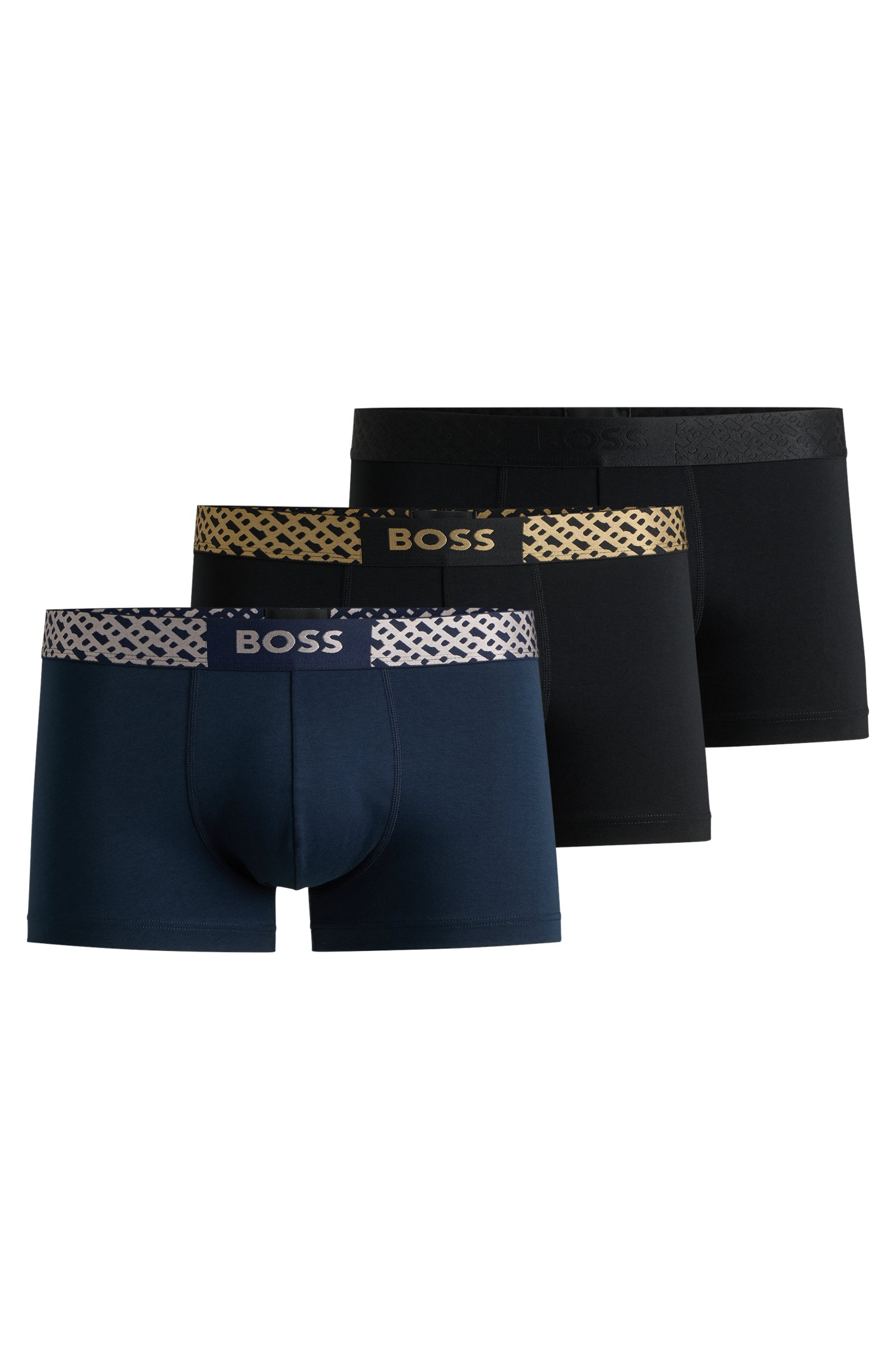 HUGO BOSS cadeauset trunks (3-pack), heren boxers kort, zwart, blauw, grijs met metallic band in cadeauverpakking