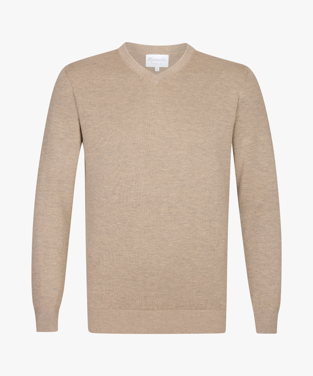 Michaelis heren trui katoenmengsel, slim fit trui met V-hals, beige