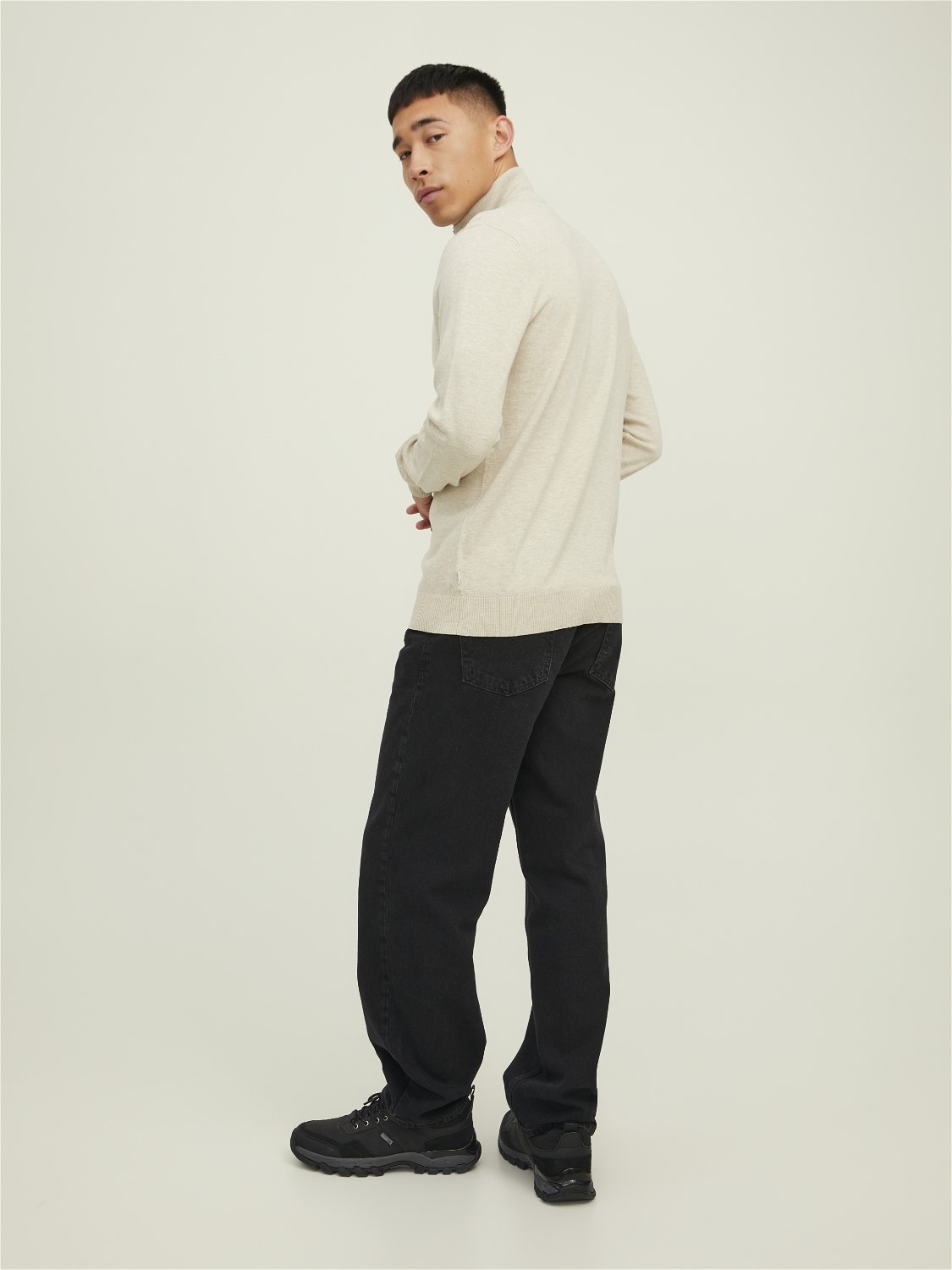 JACK & JONES Emil knit half zip slim fit, heren schipperstrui viscosemengsel met opstaande boord, beige melange