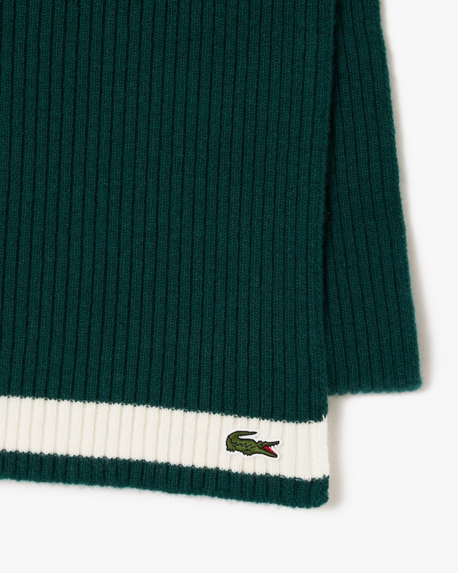 Lacoste sjaal wol, unisex gebreide sjaal, groen met ecru streep