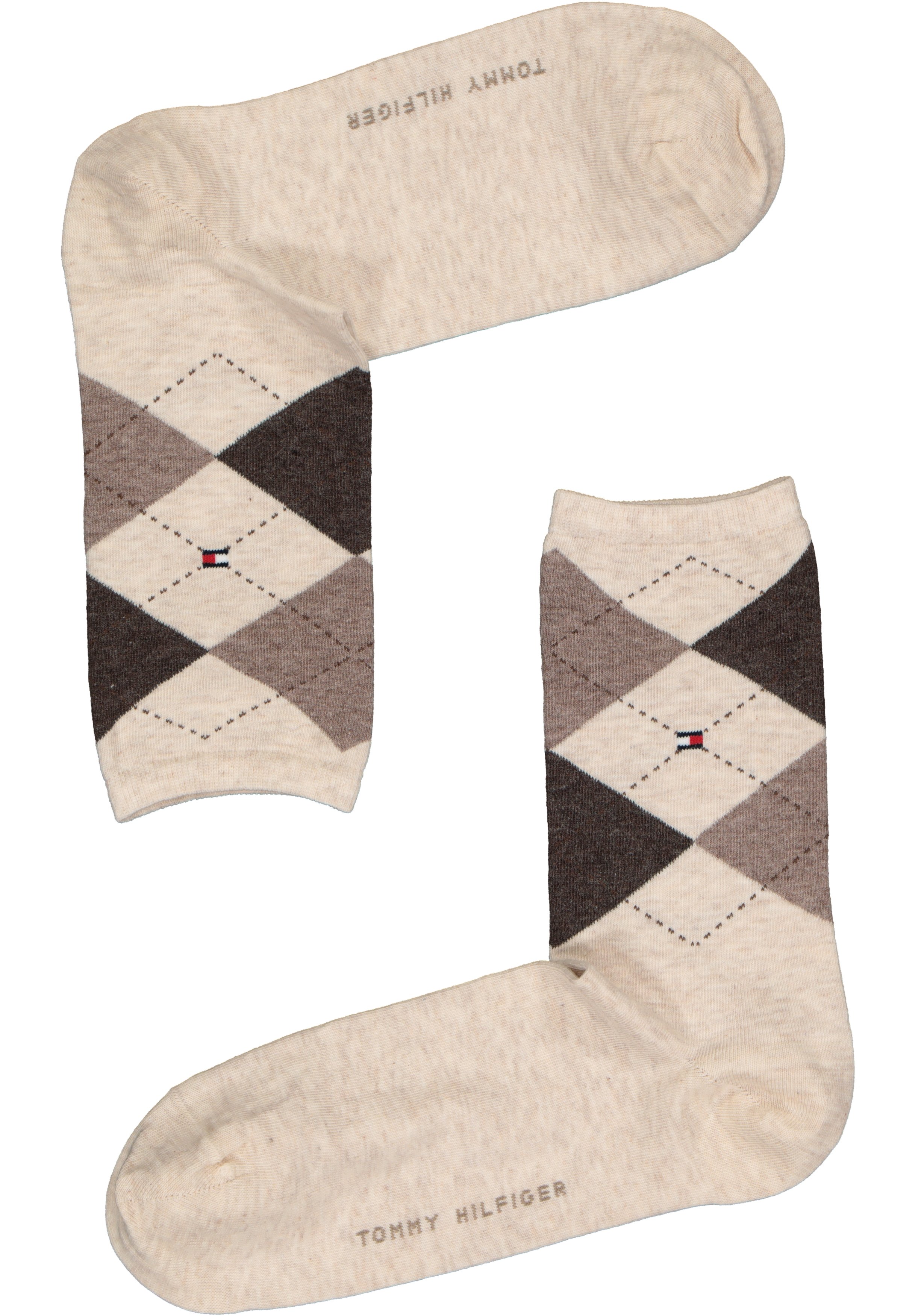 Tommy Hilfiger damessokken Check (2-pack), uni en geruit katoen, licht beige melange met bruin