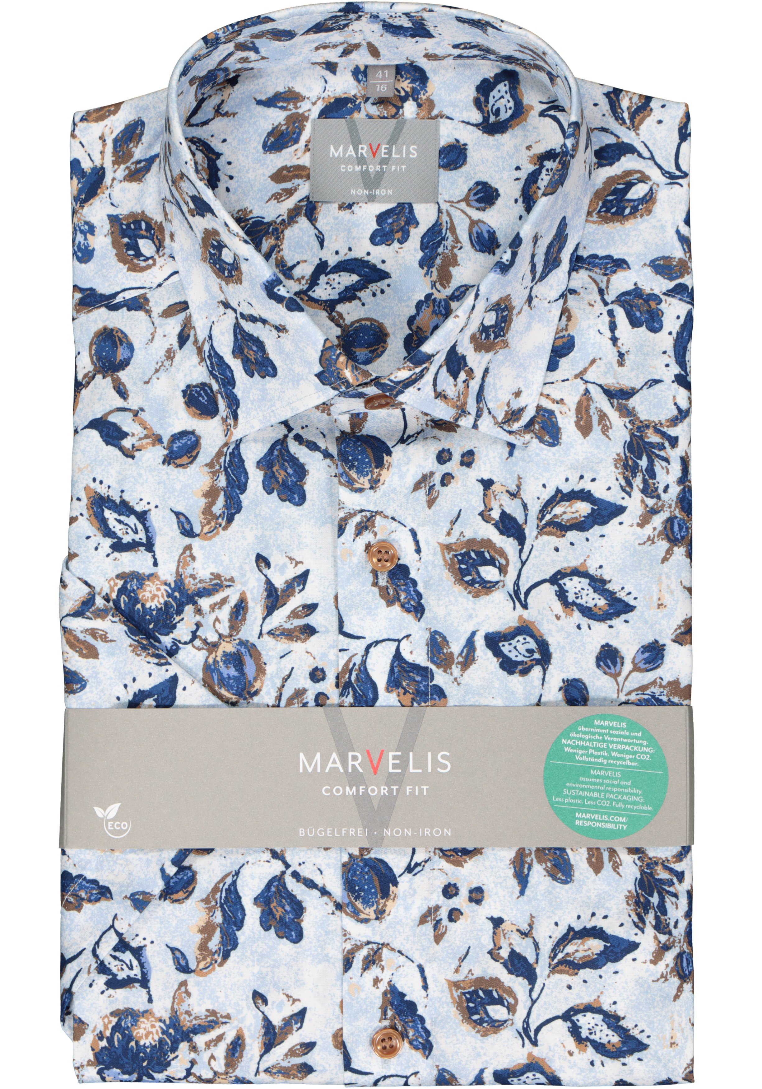 MARVELIS comfort fit overhemd, korte mouw, popeline, lichtblauw met beige en donkerblauw dessin