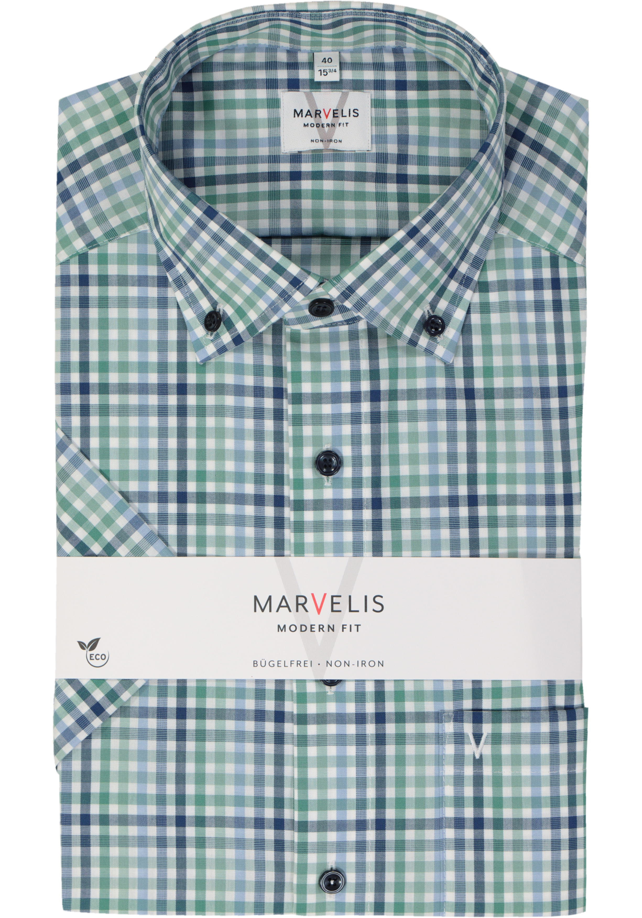 MARVELIS modern fit overhemd, korte mouw, popeline, groen geruit