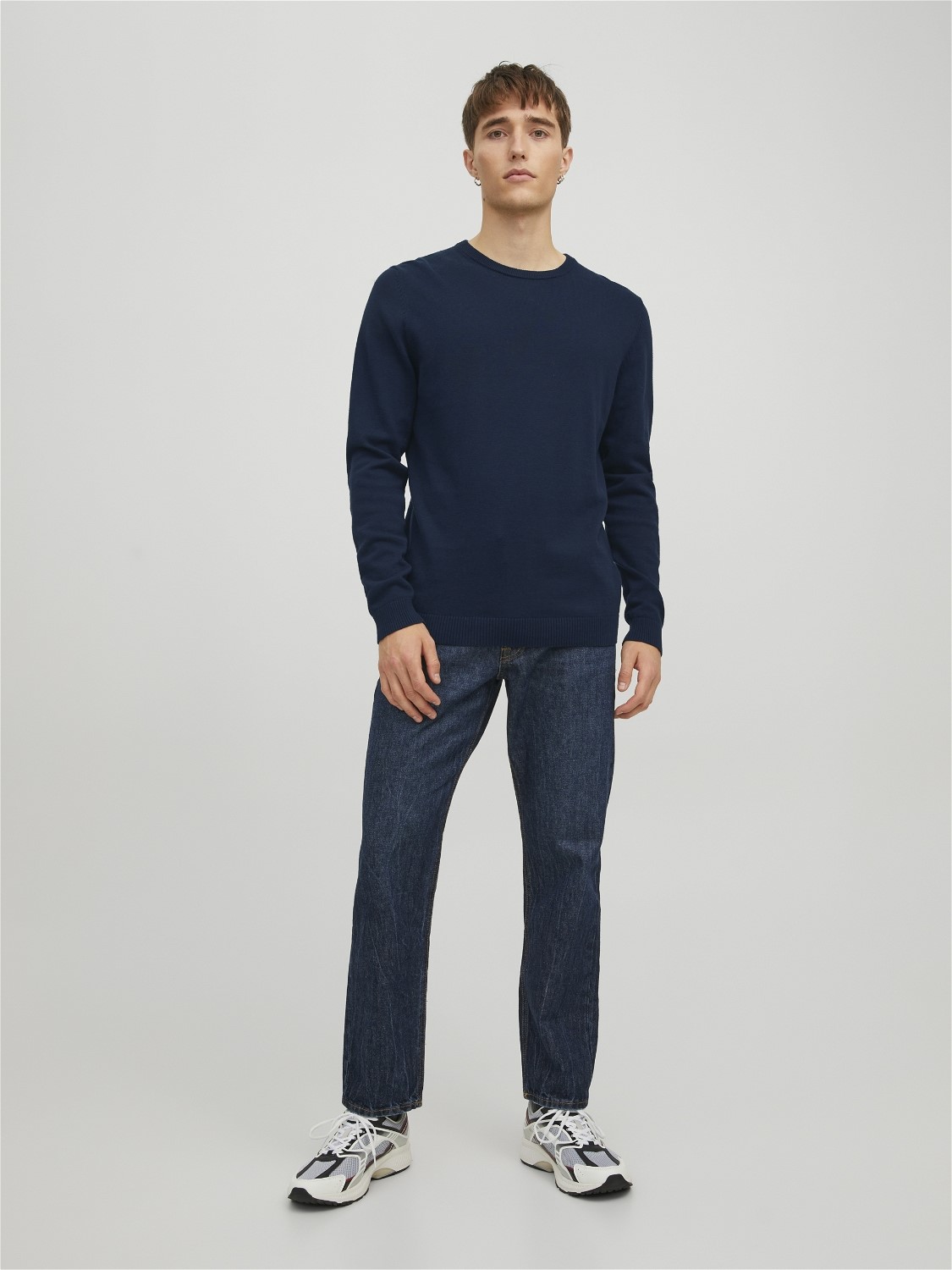 JACK & JONES Basic knit crew neck slim fit, heren pullover katoen met O-hals, blauw