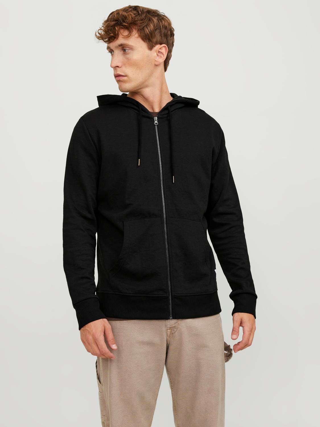 JACK & JONES Basic sweat zip hood slim fit, heren sweatvest katoenmengsel met capuchon, zwart