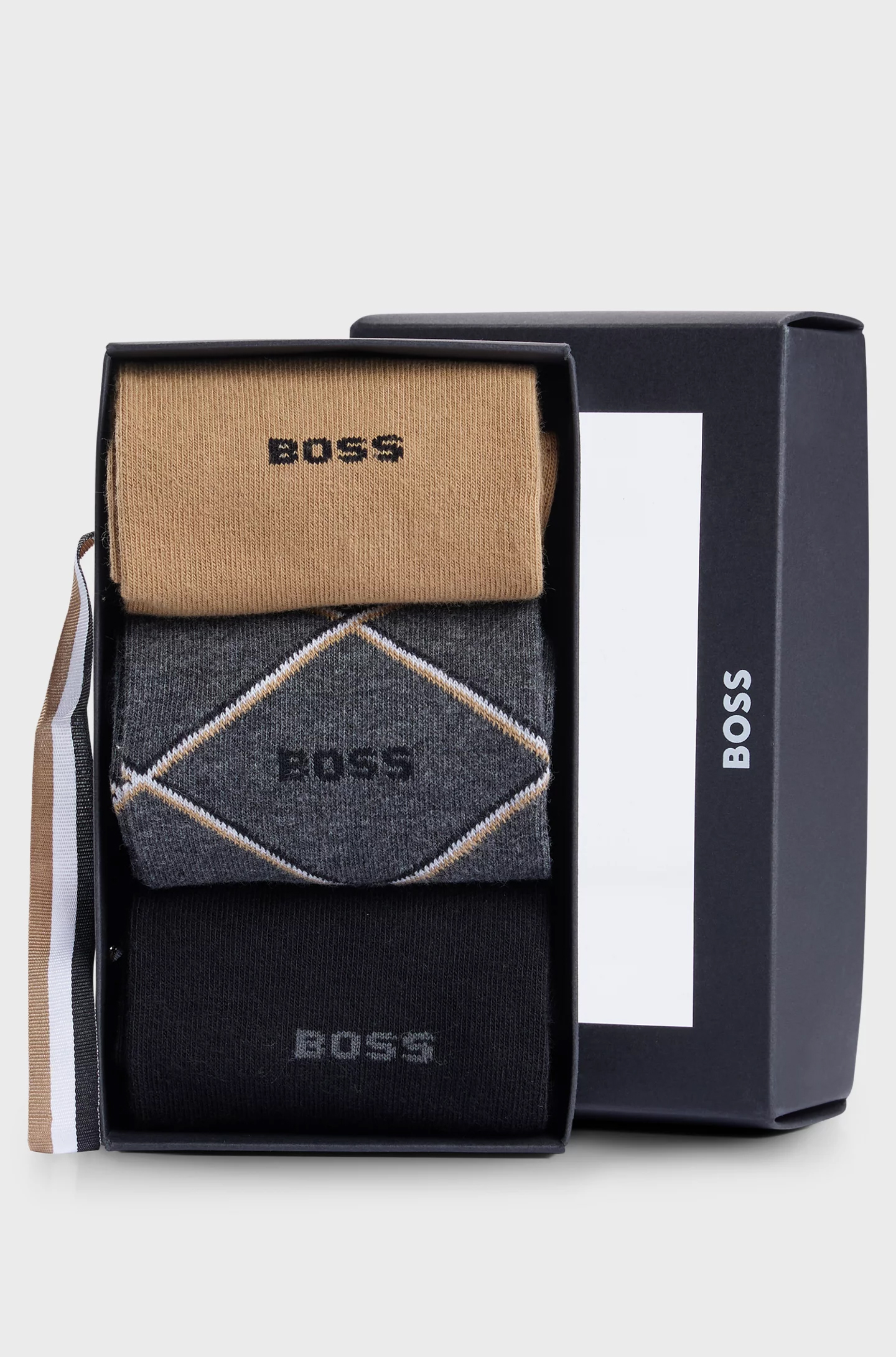 BOSS cadeauset herensokken (3-pack), zwart, beige en grijs met ruit