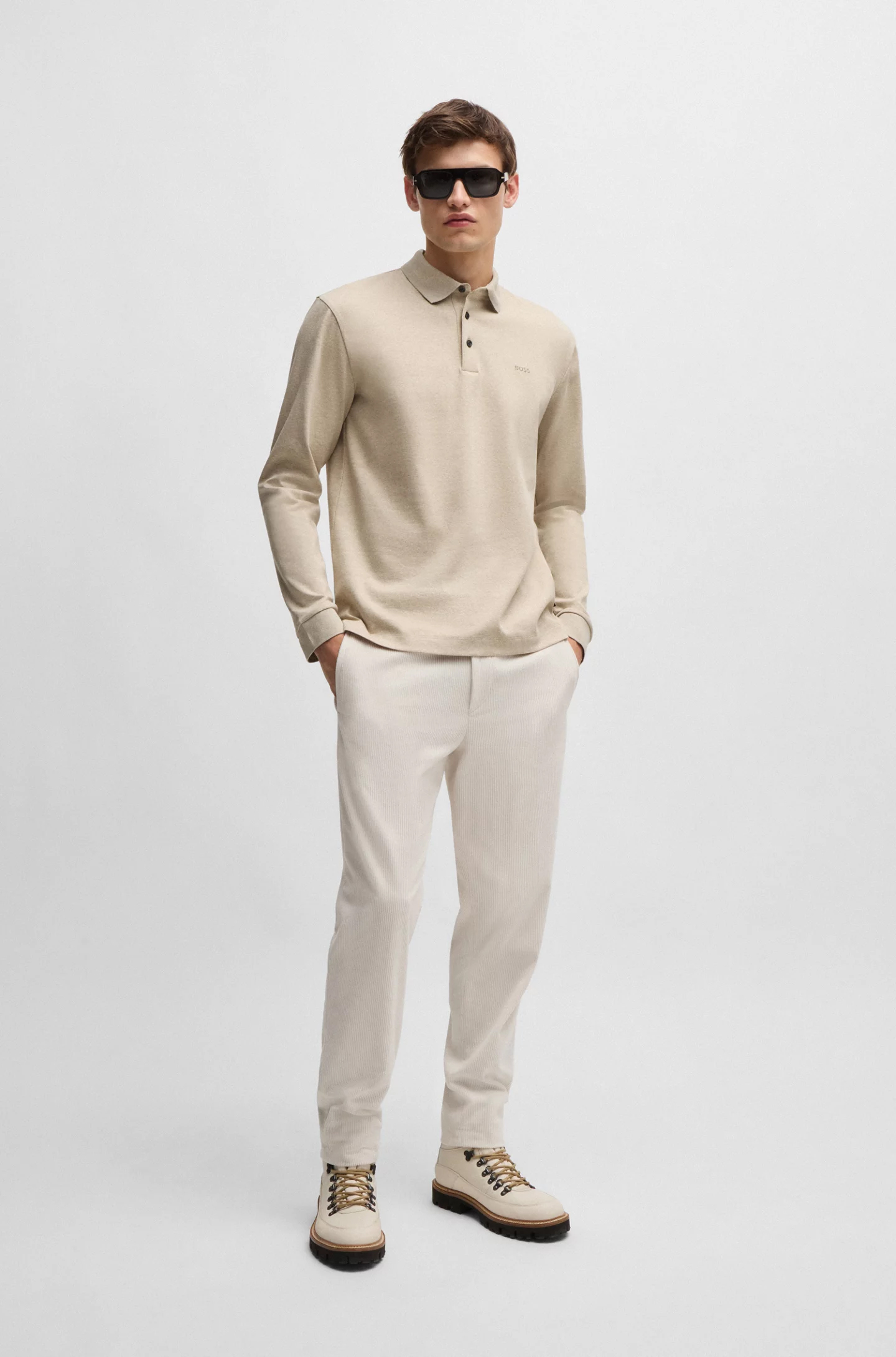 BOSS Pado regular fit polo lange mouw, jersey, licht beige