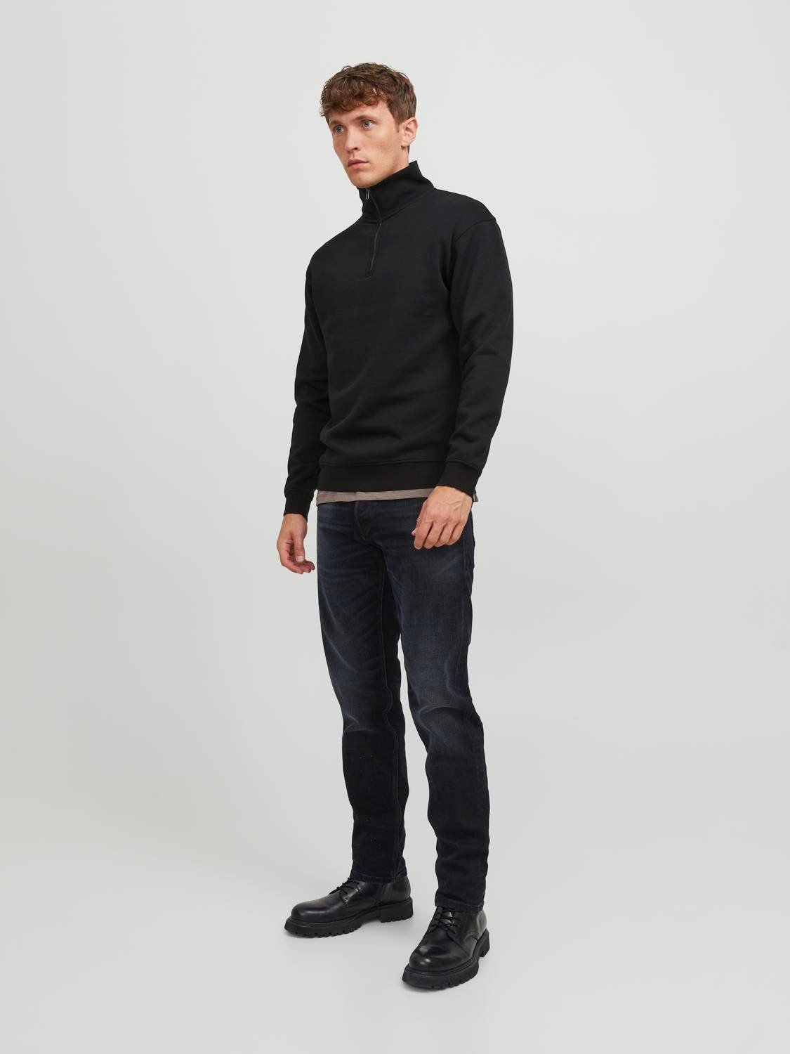 JACK & JONES Bradley sweat half zip regular fit, heren schipperstrui katoenmengsel met opstaande boord, zwart