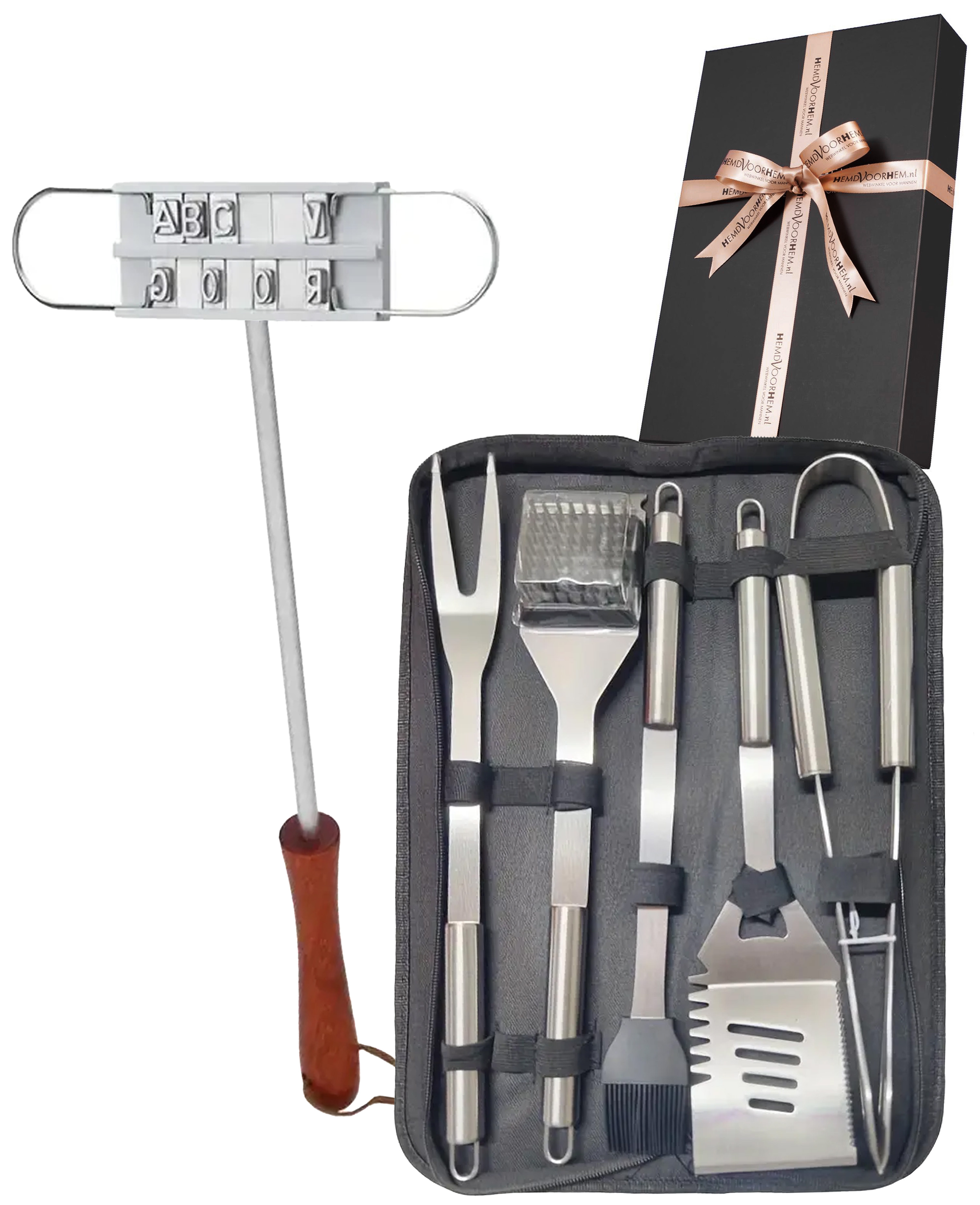 Barbeque cadeauset, bbq gereedschap set en vleesmerkijzer