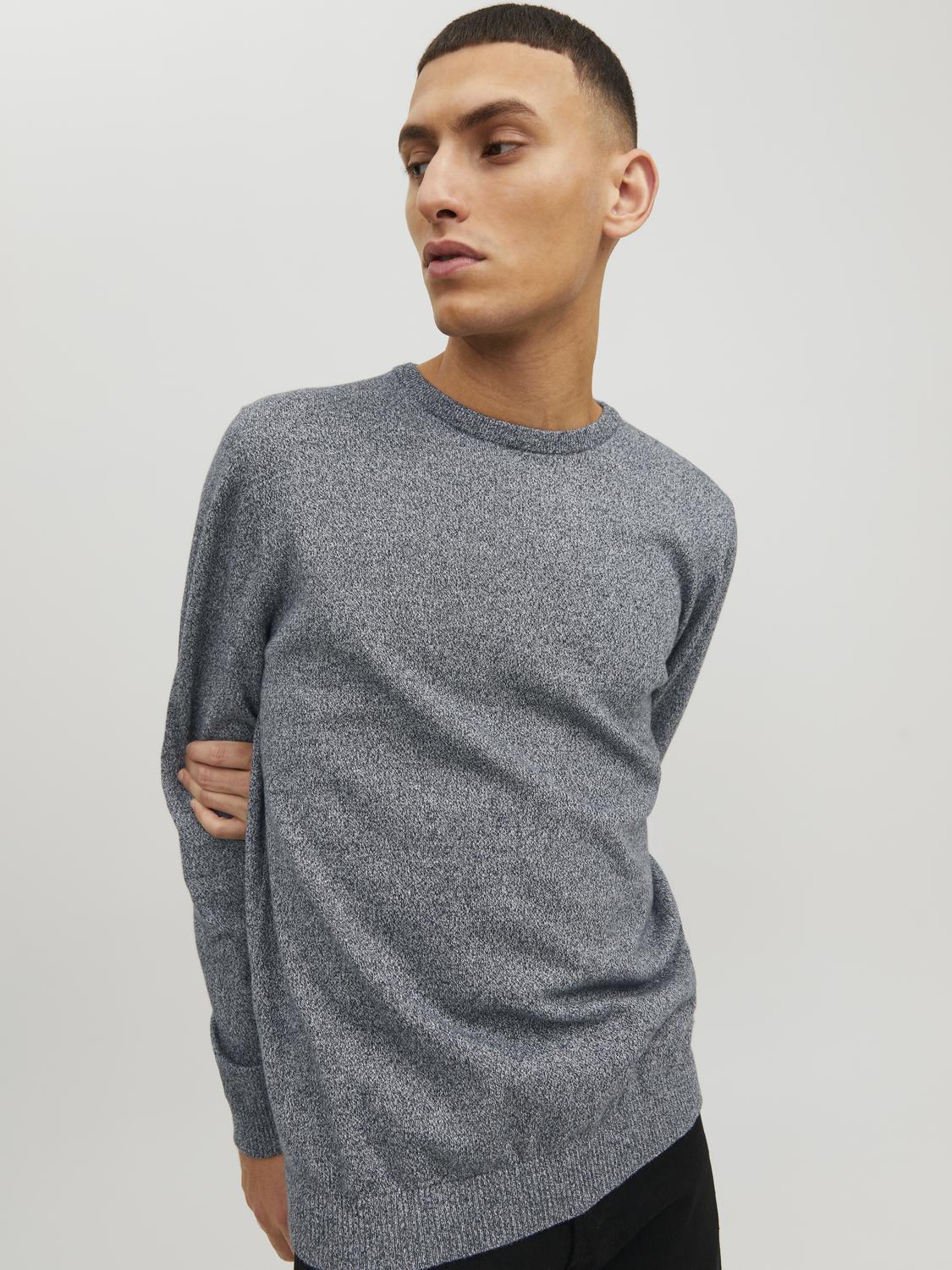 JACK & JONES Basic knit crew neck slim fit, heren pullover katoen met O-hals, blauw samen met offwhite