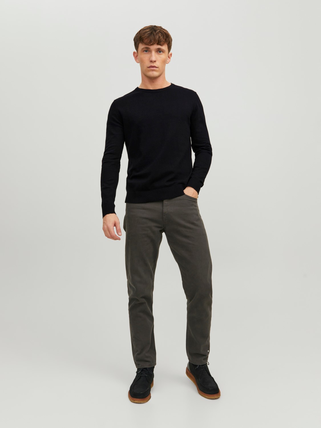 JACK & JONES Emil knit crew neck slim fit, heren pullover viscosemengsel met O-hals, zwart