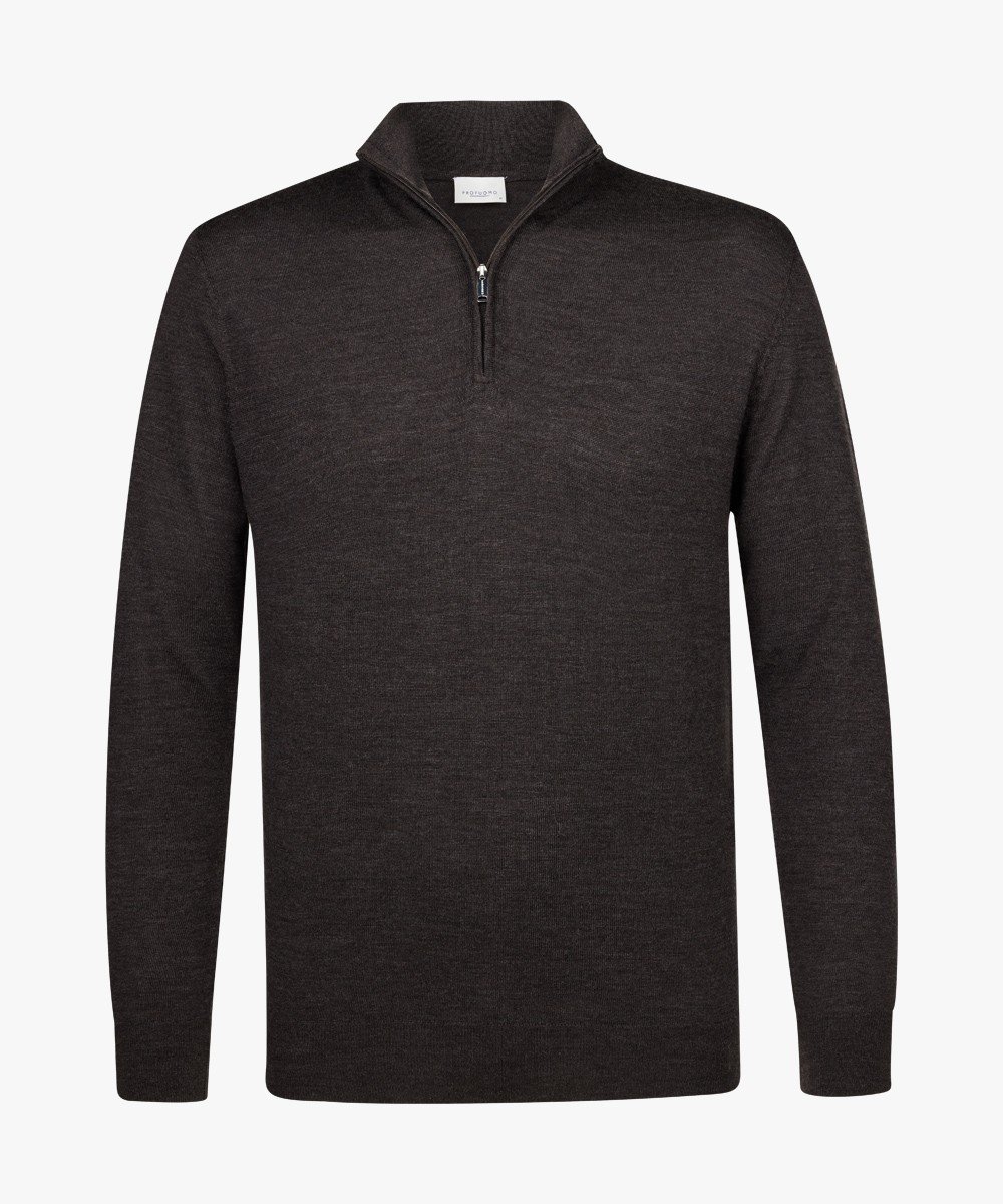 Profuomo heren trui wol, slim fit trui met korte rits, bruin