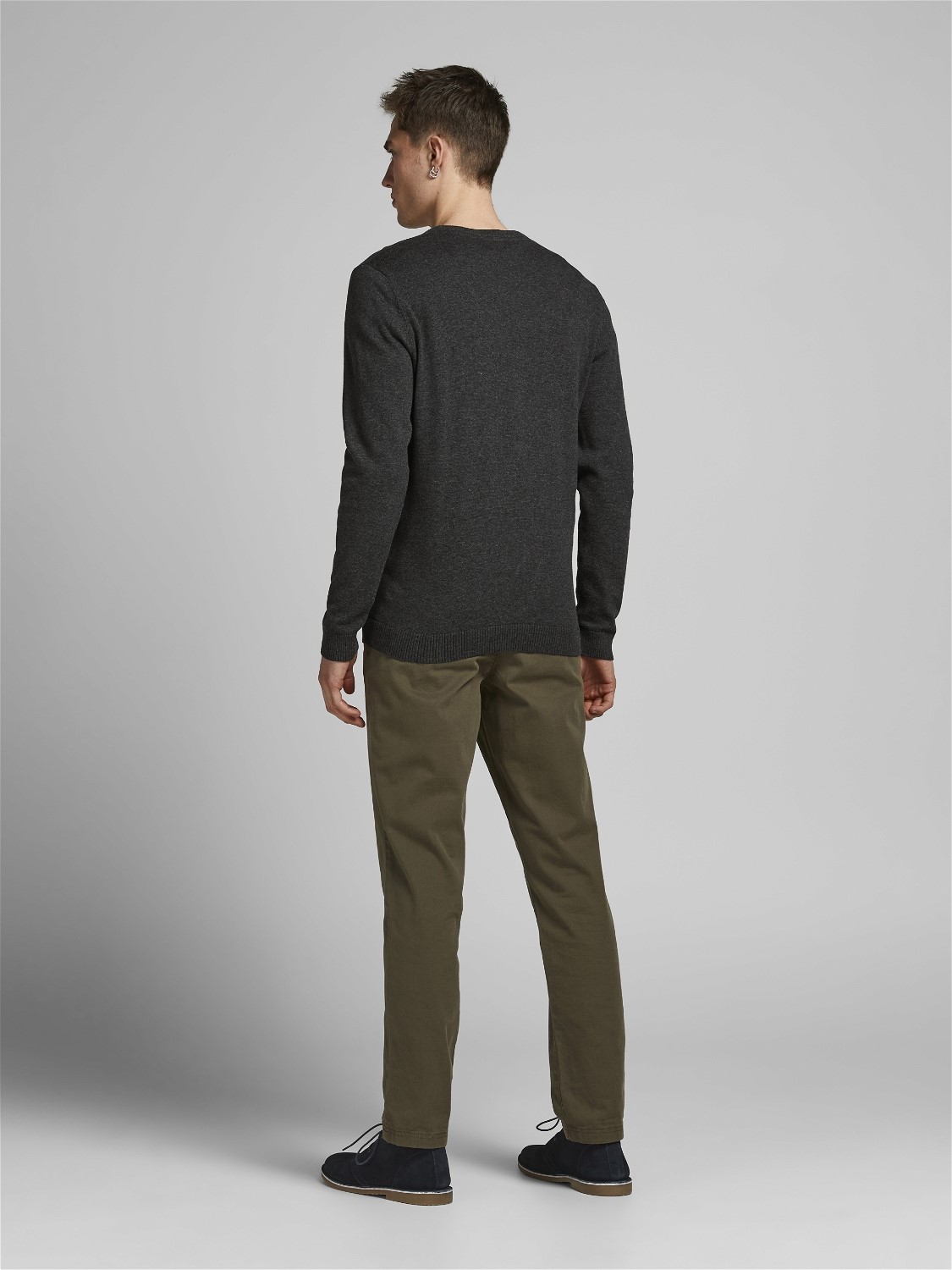 JACK & JONES Basic knit v-neck slim fit, heren pullover katoen met V-hals, donkergrijs melange