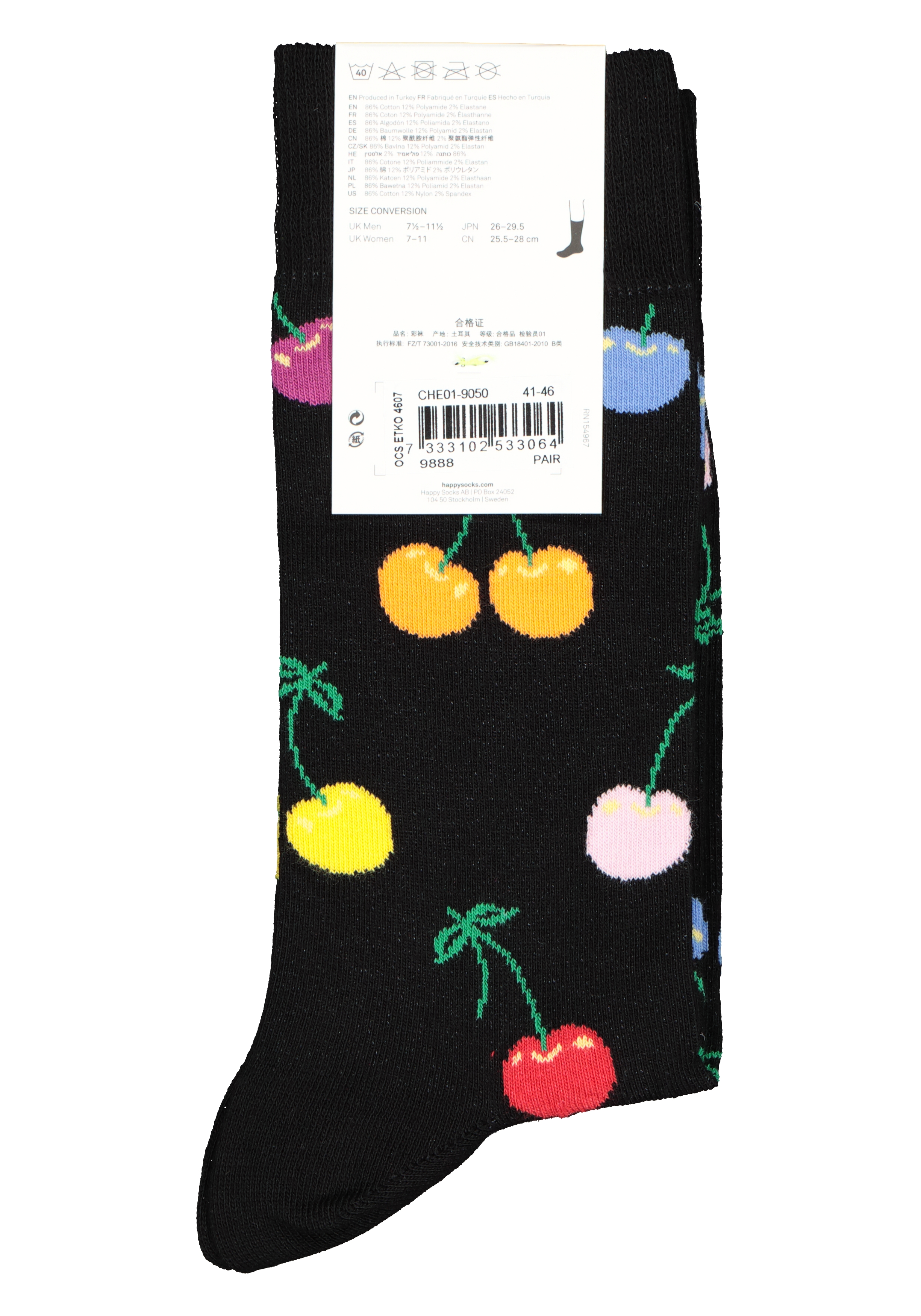 Happy Socks Cherry Sock, zwart met kersen