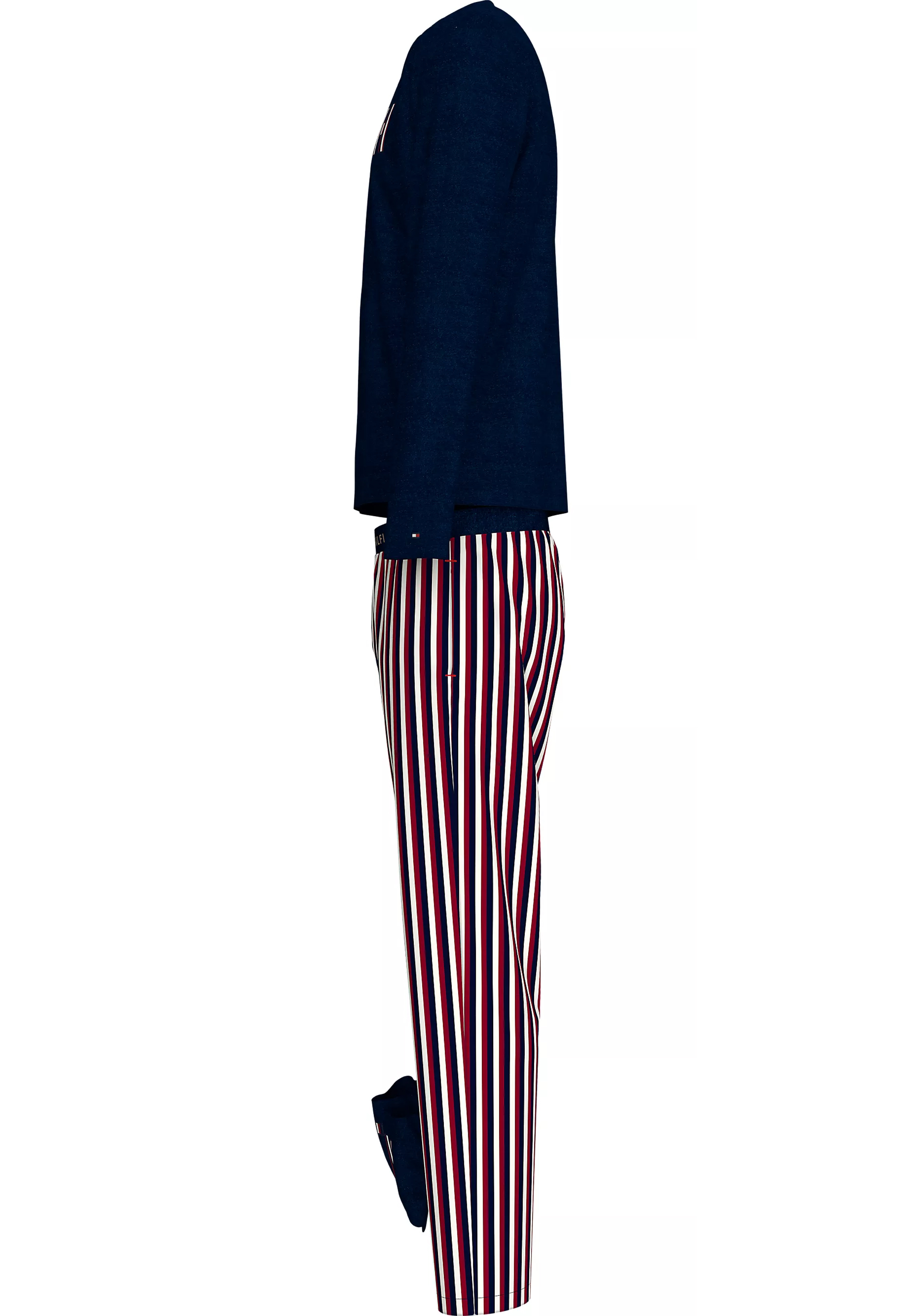 Tommy Hilfiger heren pyjama set, blauw shirt en slippers met rood-wit-blauw gestreepte broek