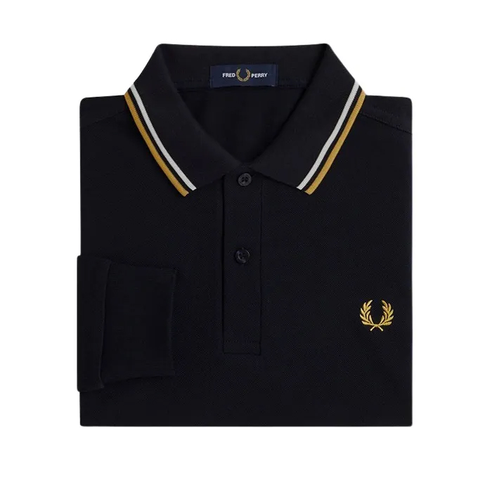 Fred Perry M3636 long sleeved twin tipped shirt, heren polo lange mouwen, Navy / Ecru / Honeycomb