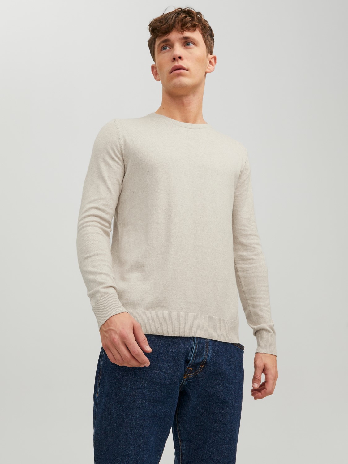 JACK & JONES Emil knit crew neck slim fit, heren pullover viscosemengsel met O-hals, beige melange