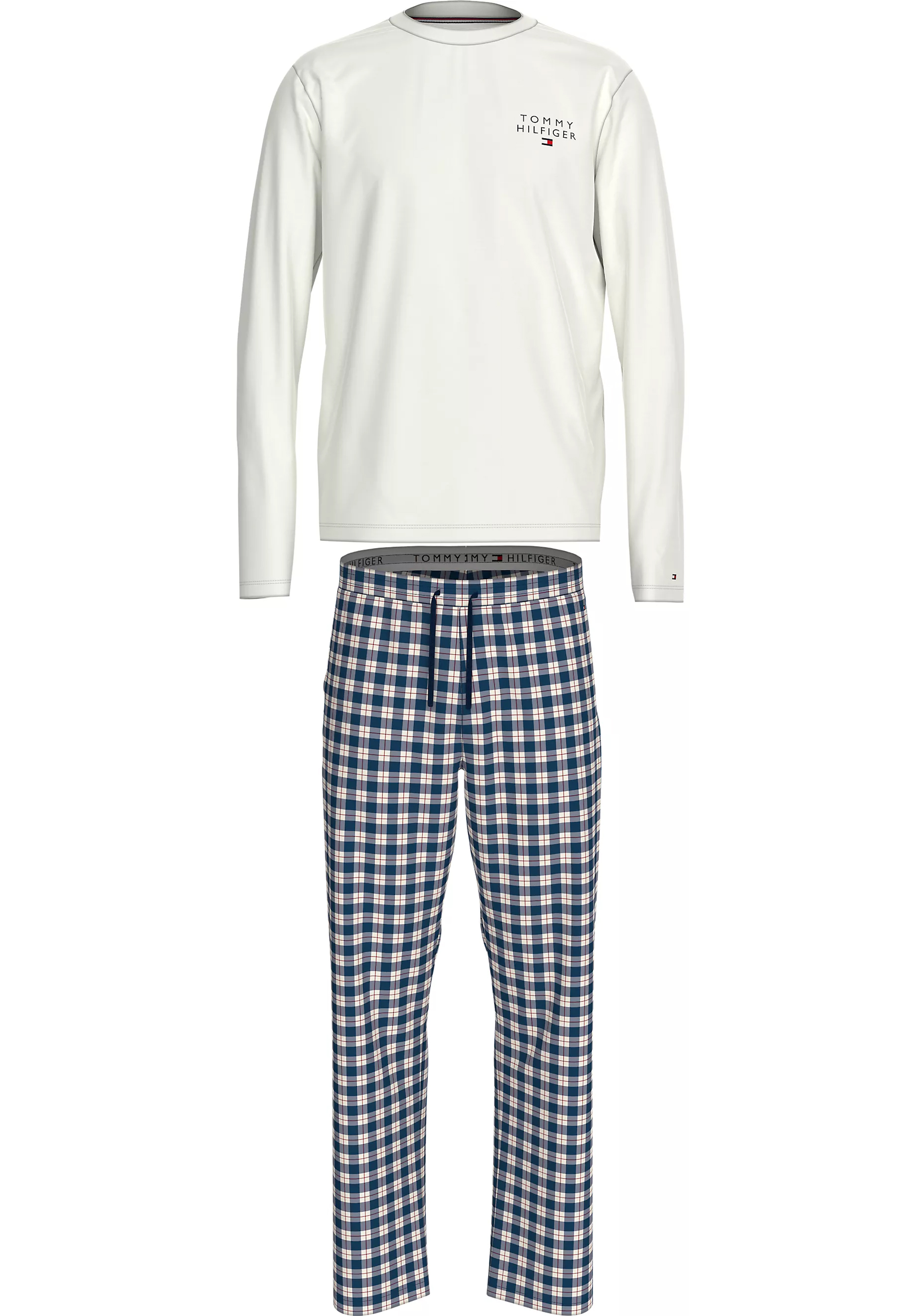 Tommy Hilfiger heren pyjama set, wit shirt met blauw met wit geruite broek