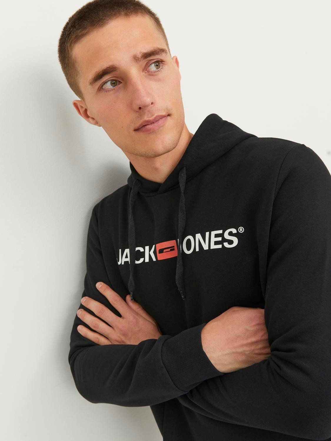 JACK & JONES Corp old logo sweat hood slim fit, heren hoodie katoenmengsel met capuchon, zwart