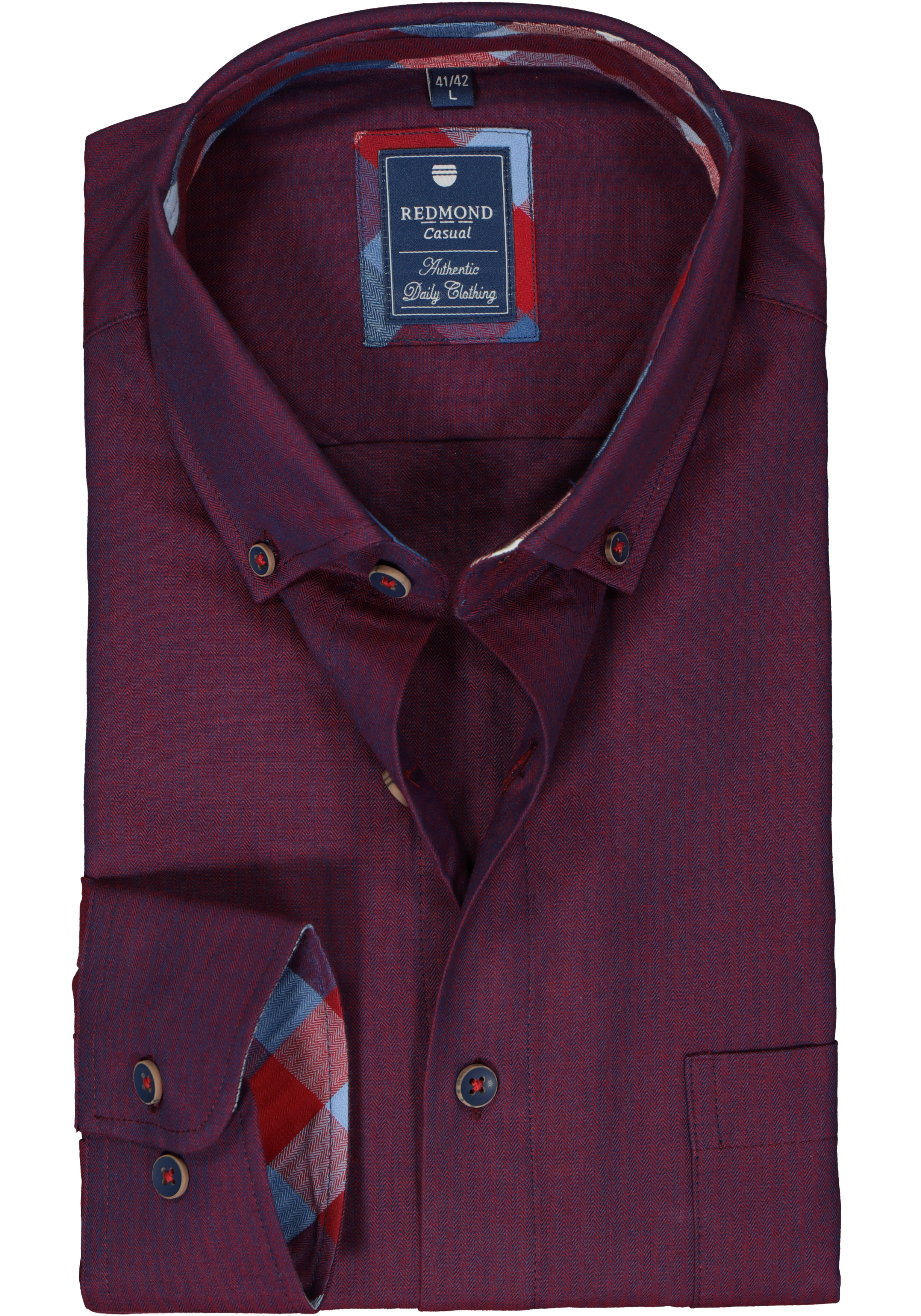 Redmond regular fit overhemd, herringbone, bordeauxrood