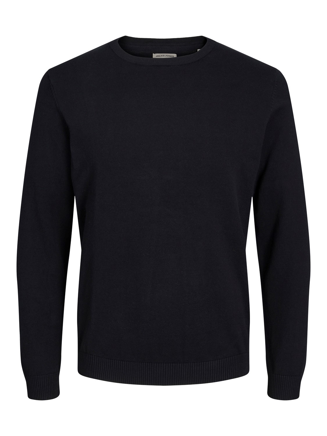 JACK & JONES Basic knit crew neck slim fit, heren pullover katoen met O-hals, zwart