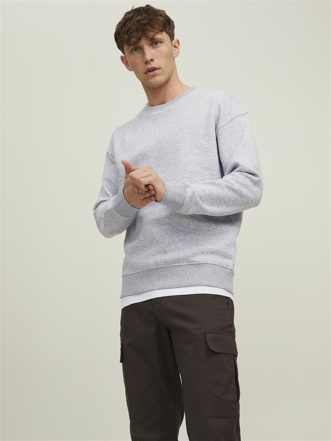 JACK & JONES Star basic sweat crew neck regular fit, heren sweatshirt katoenmengsel met O-hals, lichtgrijs melange