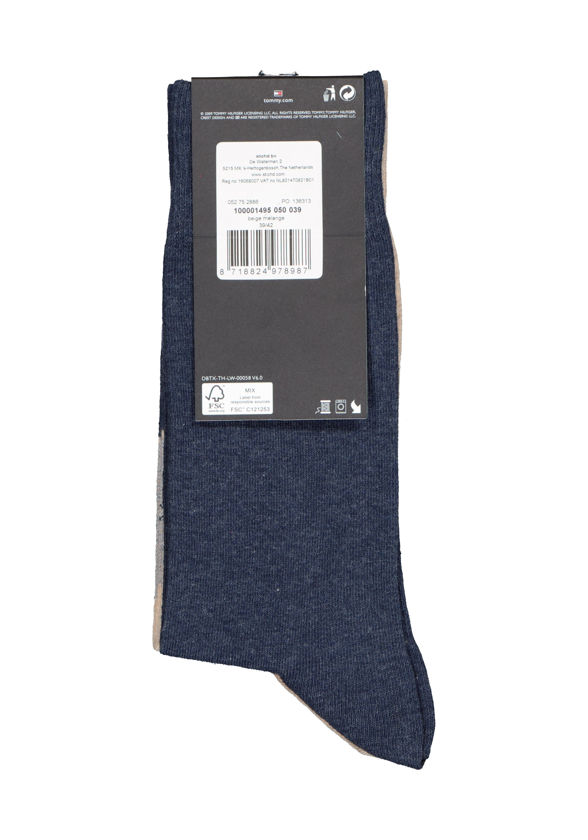 Tommy Hilfiger Check Socks (2-pack), herensokken katoen, geruit en uni, beige met jeansblauw