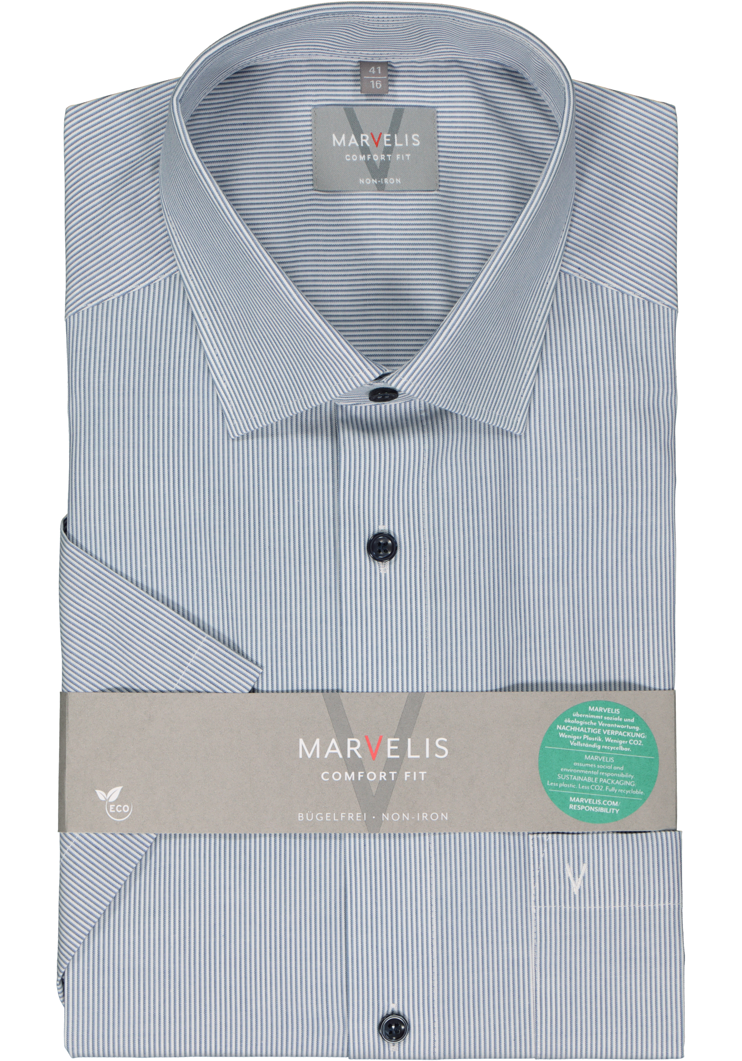 MARVELIS comfort fit overhemd, korte mouw, popeline, donkerblauw gestreept