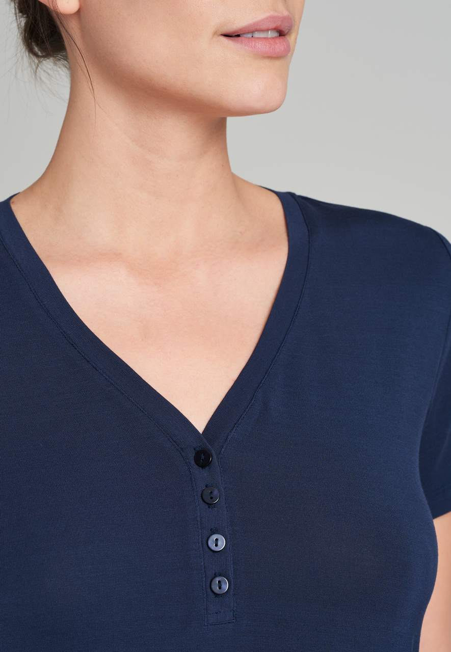 SCHIESSER Mix+Relax T-shirt, dames shirt korte mouw henley knoopsluiting blauw