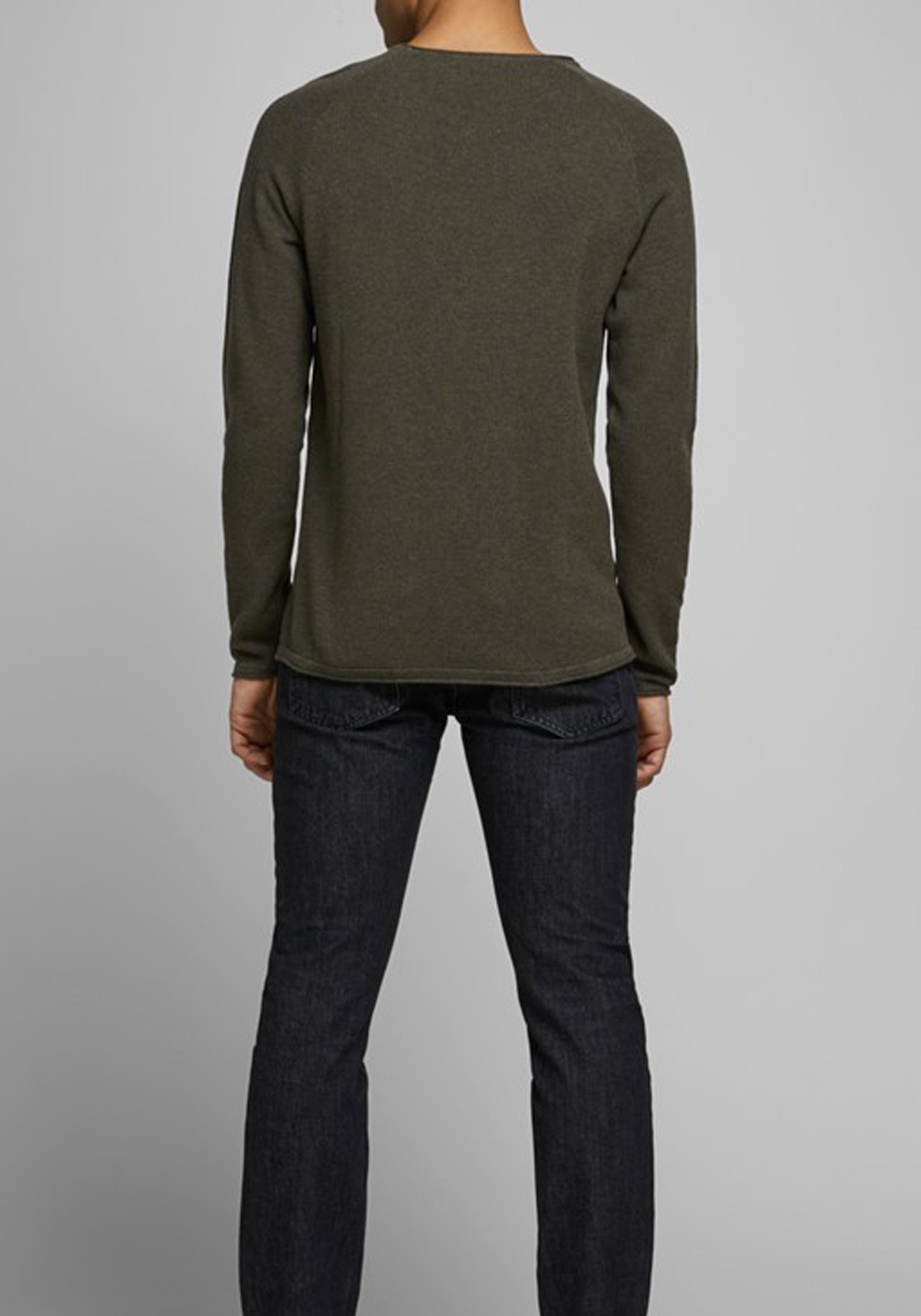 JACK & JONES slim fit trui katoen, O-hals, olijfgroen