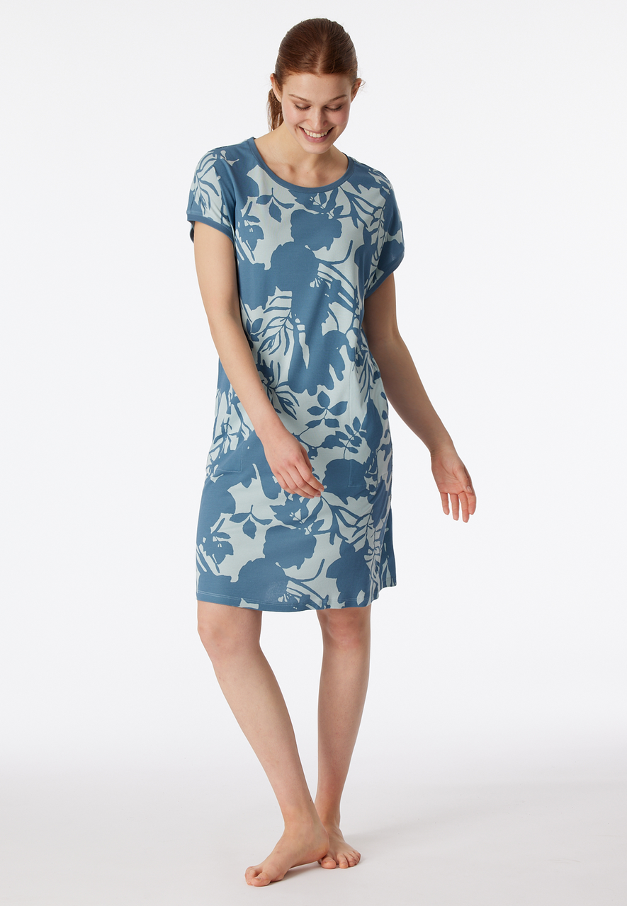 SCHIESSER Modern Nightwear T-shirt, dames slaapshirt korte mouw bloemenprint bluebird