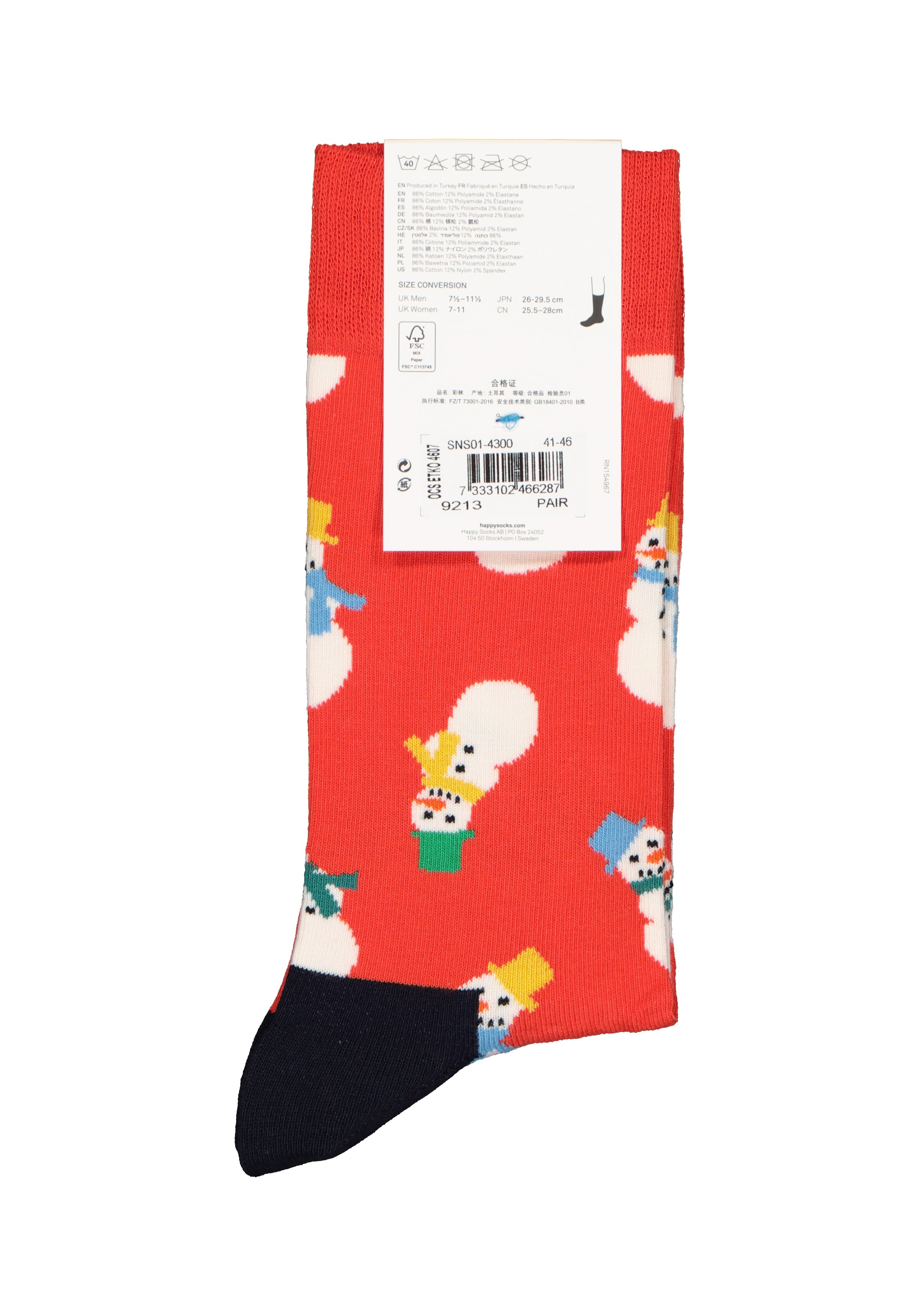 Happy Socks Snowman Sock, unisex sokken, rood met sneeuwpoppen