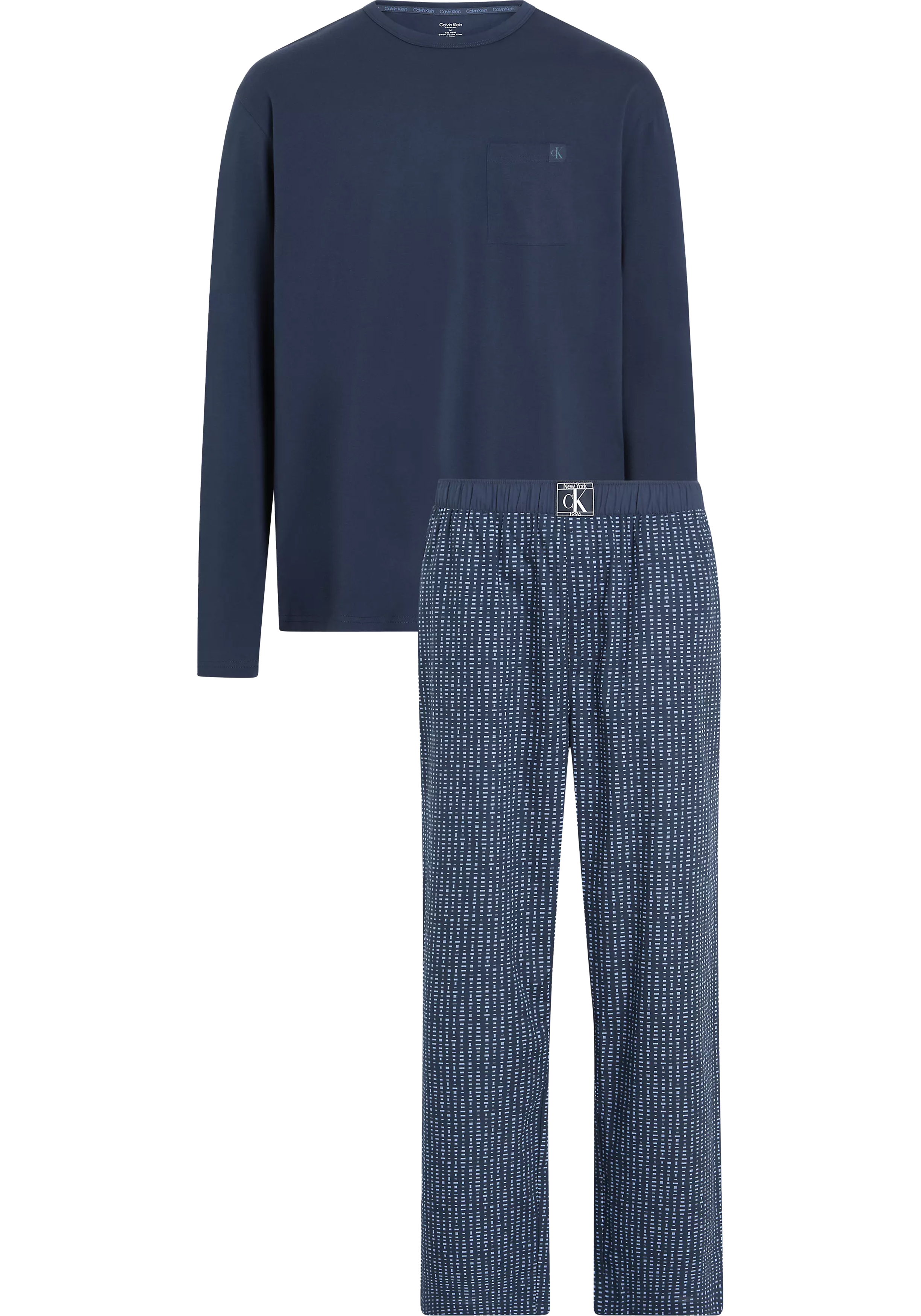 Calvin Klein heren pyjama O-hals, blauw shirt, blauw dessin broek