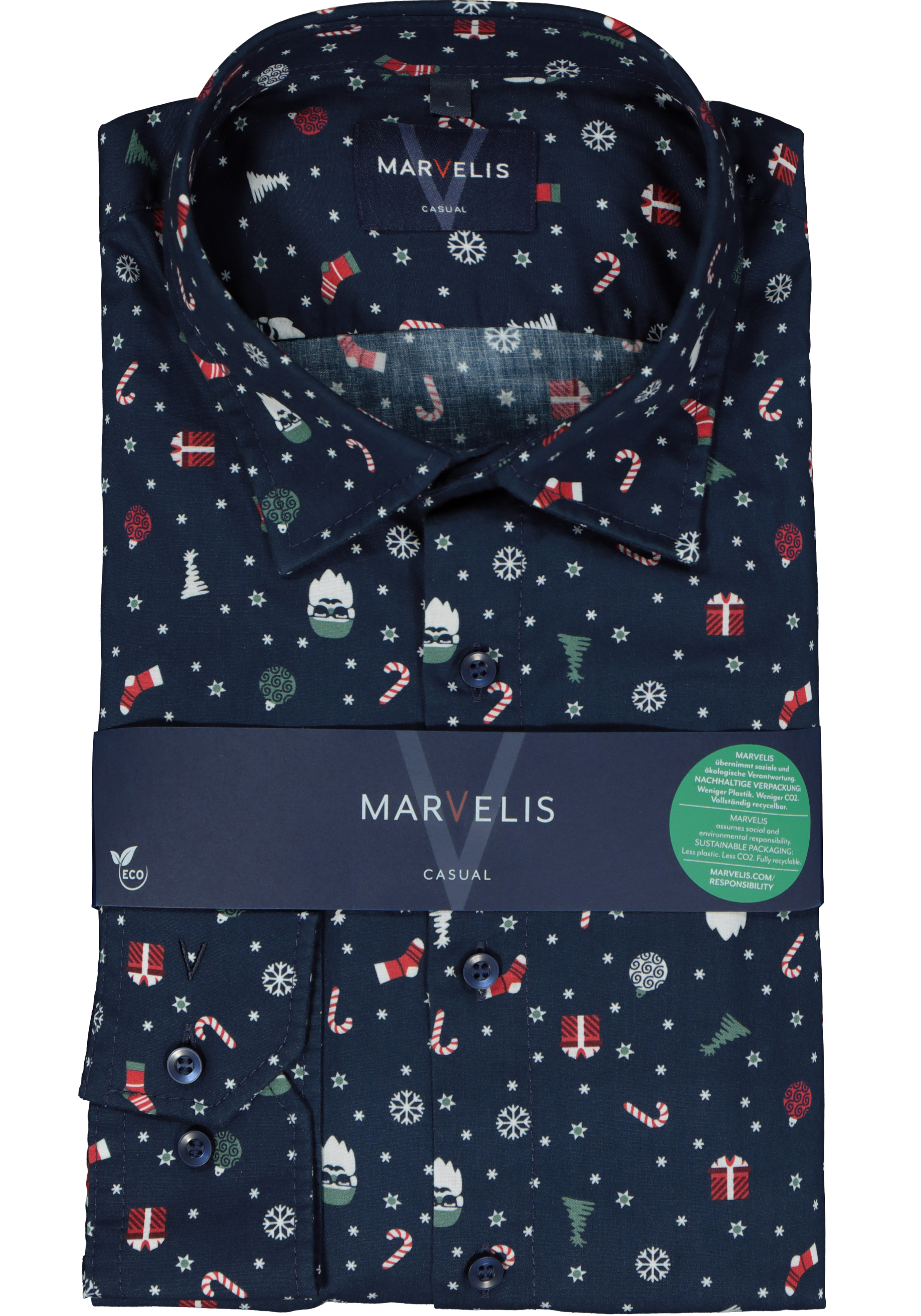 MARVELIS Casual modern fit Kerst overhemd, popeline, donkerblauw Kerst dessin