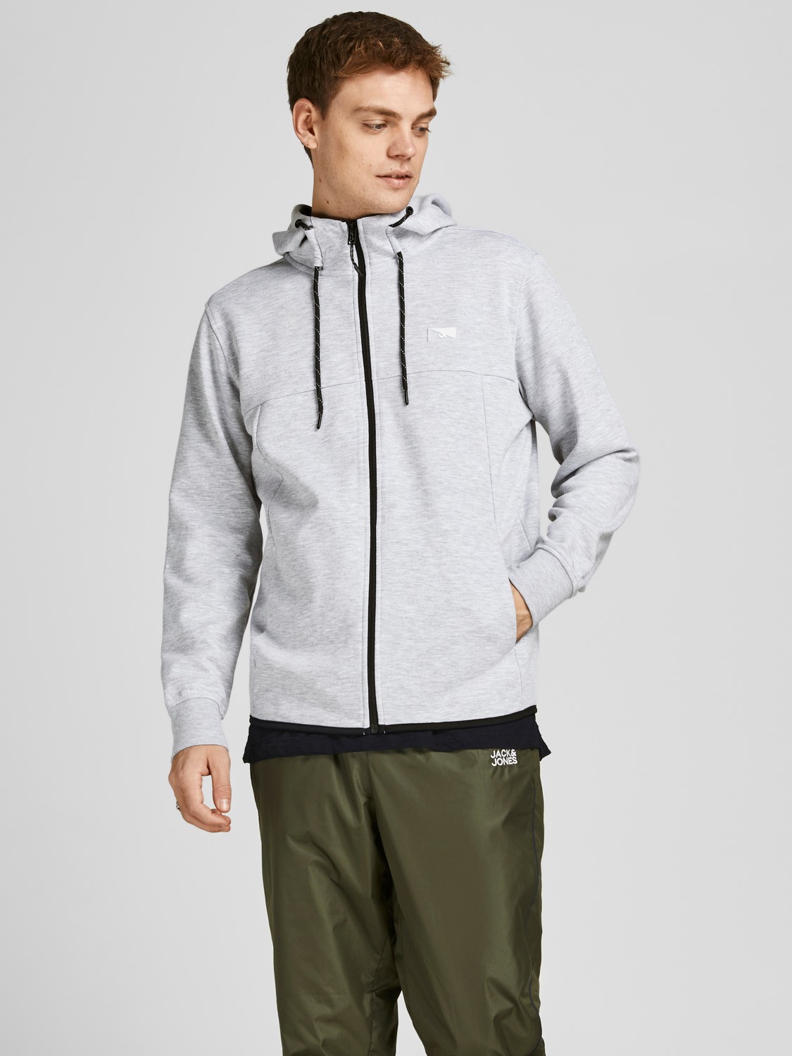 JACK & JONES Air sweat zip hood regular fit, heren sweatvest katoenmengsel met capuchon, lichtgrijs melange