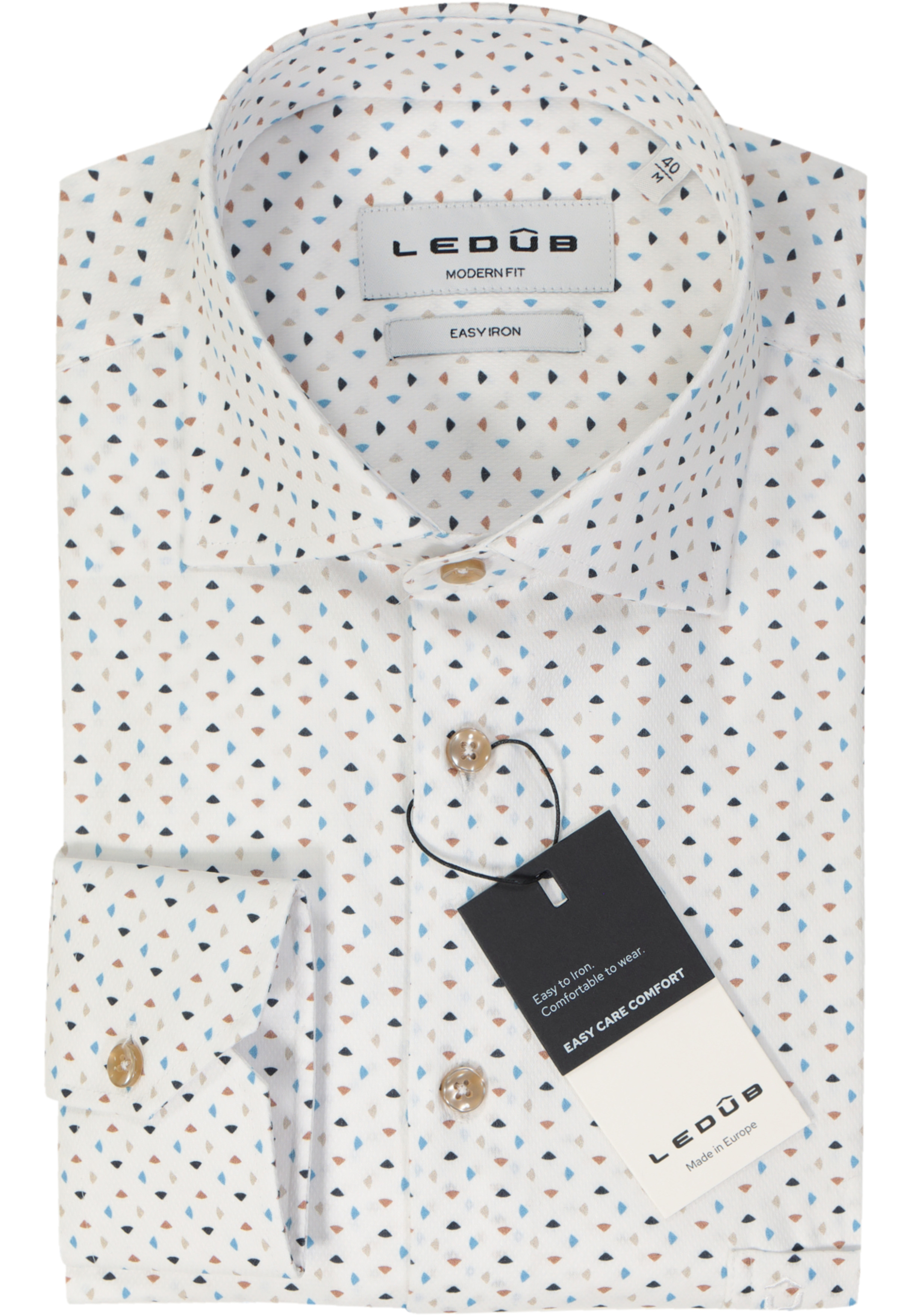 Ledub modern fit overhemd, popeline, wit met blauw en beige dessin