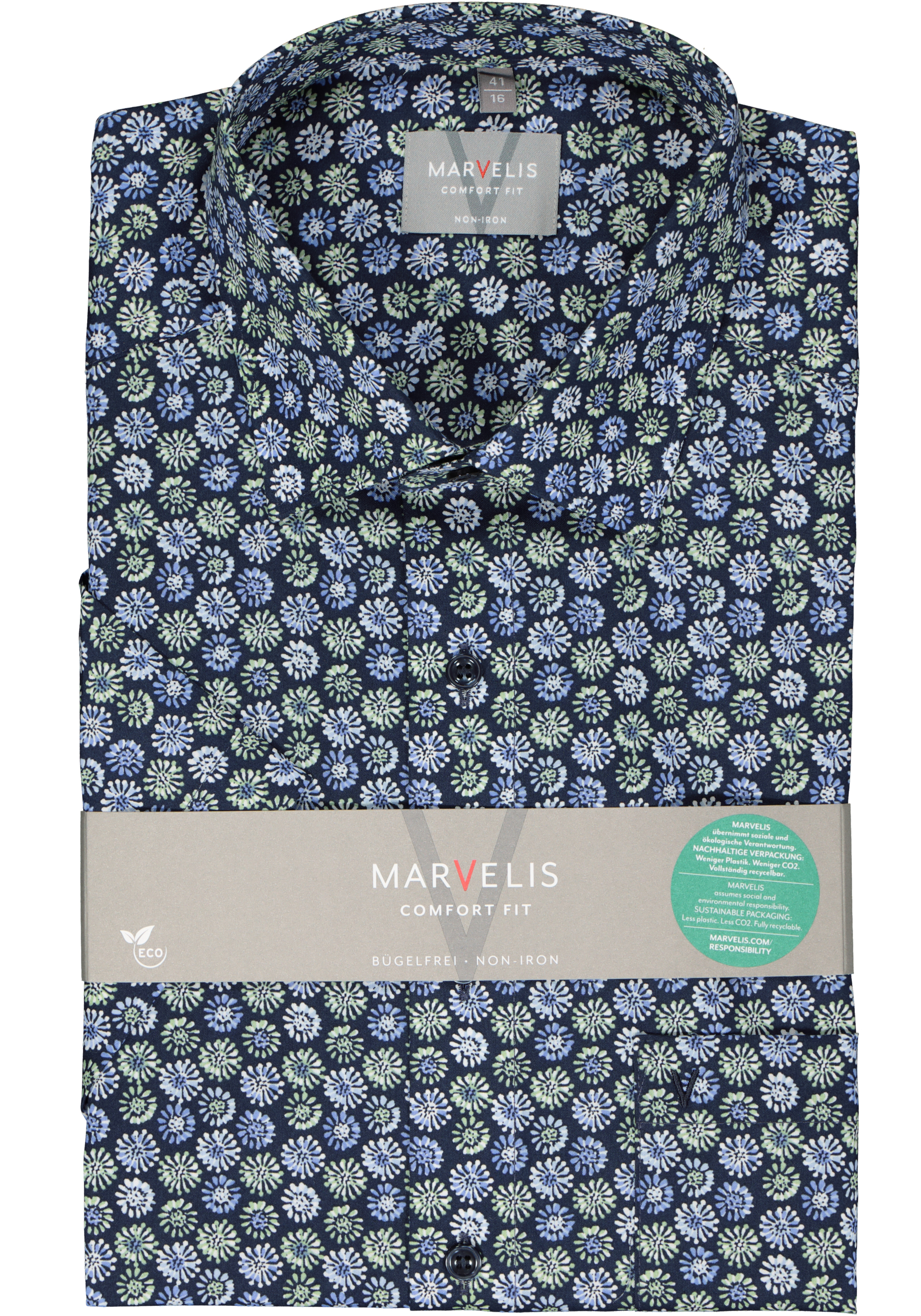 MARVELIS comfort fit overhemd, korte mouw, popeline, blauw met groen en wit dessin