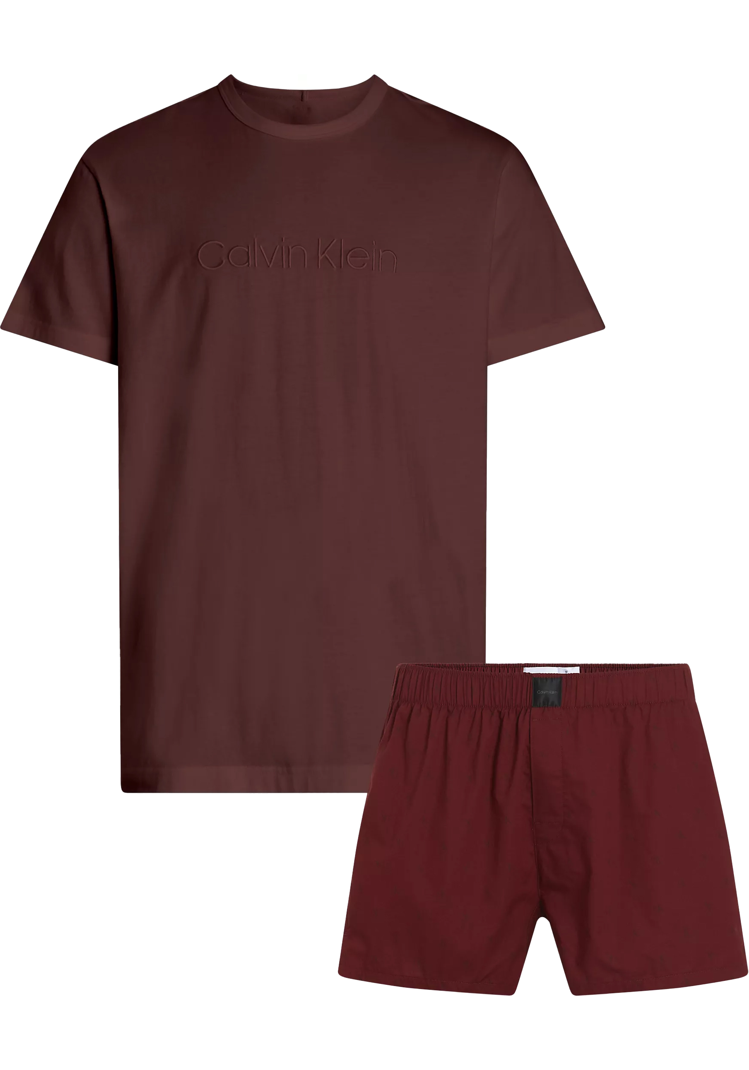 Calvin Klein heren shortama O-hals, donkerrood shirt, dessin broek